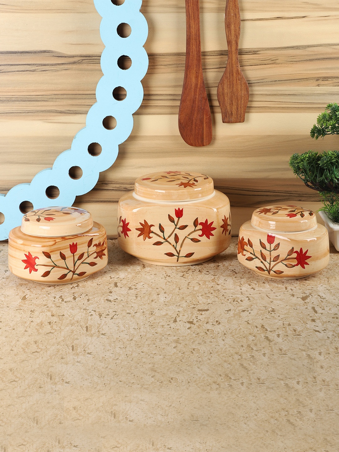 CDI Set Of 3 Cream-Coloured Ceramic Leafy Print Jars