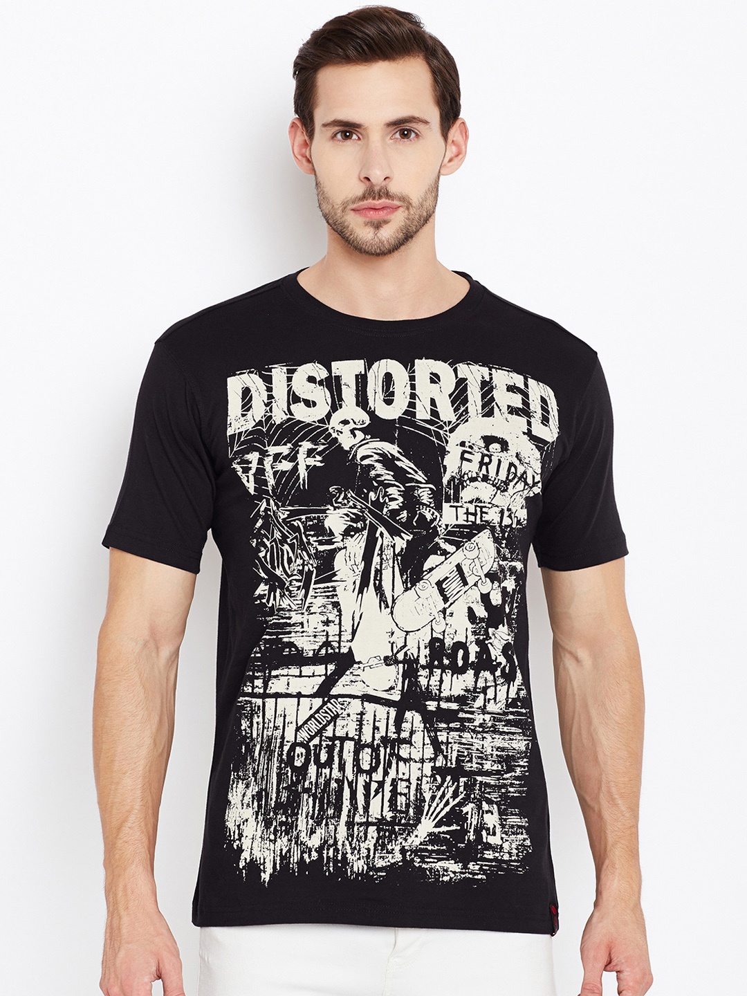 

PUNK Men Black Off-White Printed Round Neck Pure Cotton T-shirt