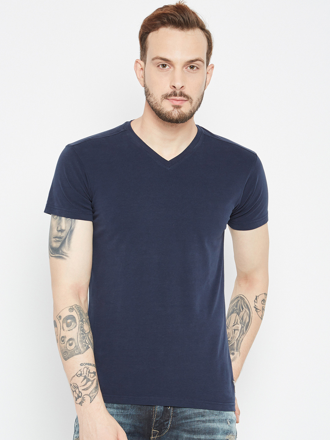 

PUNK Men Navy Blue Solid V-Neck T-shirt