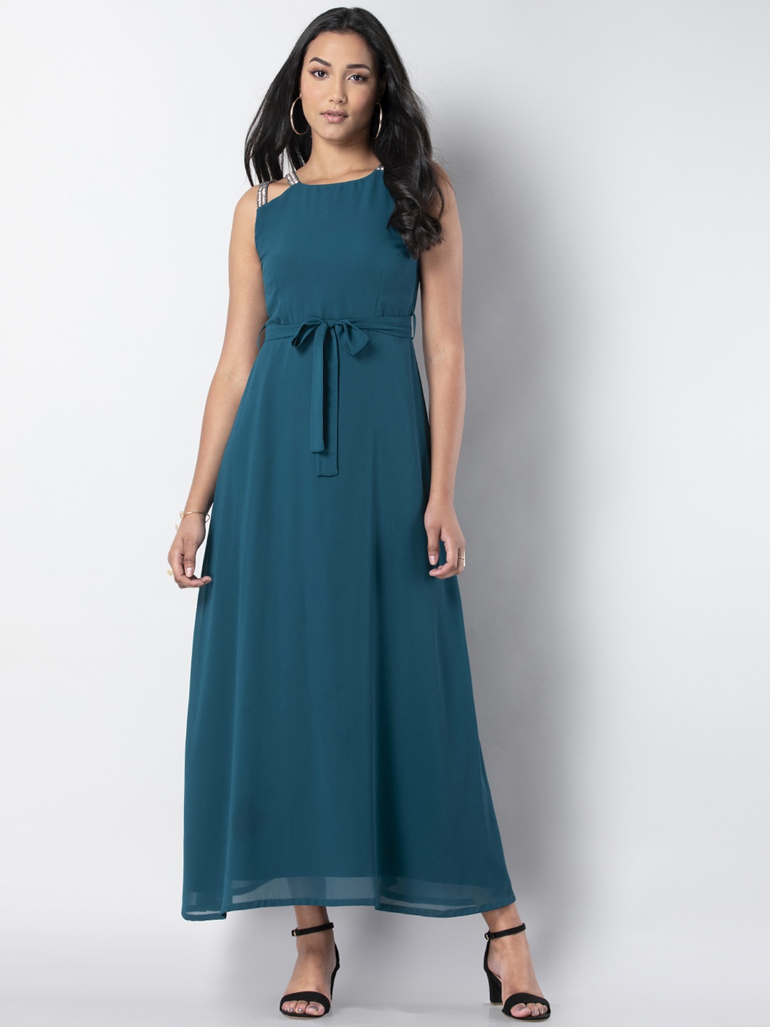 

FabAlley Women Teal Blue Solid Maxi Dress with Embellished Detail