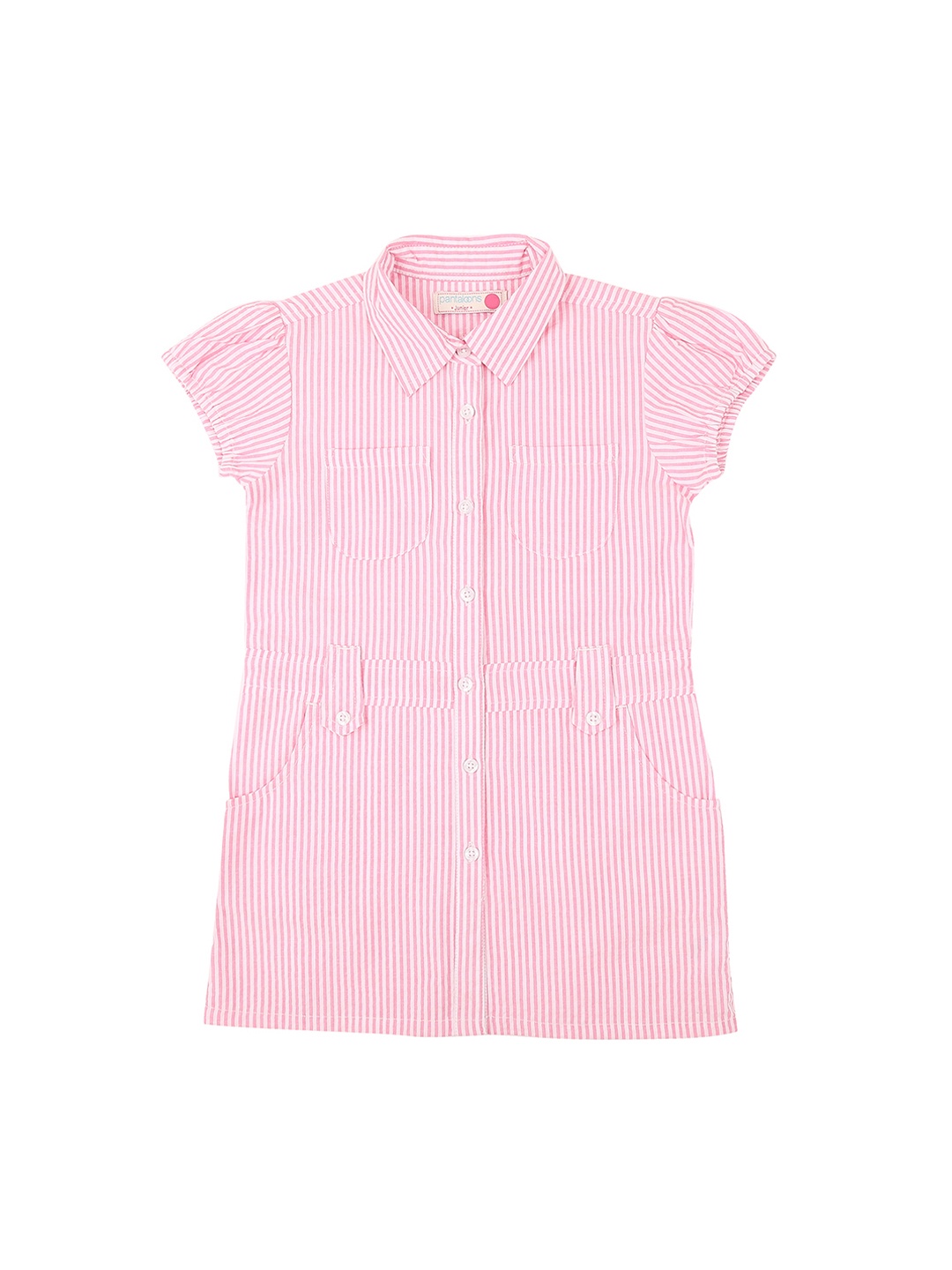 

Pantaloons Junior Girls Pink & White Striped Shirt Style Pure Cotton Top