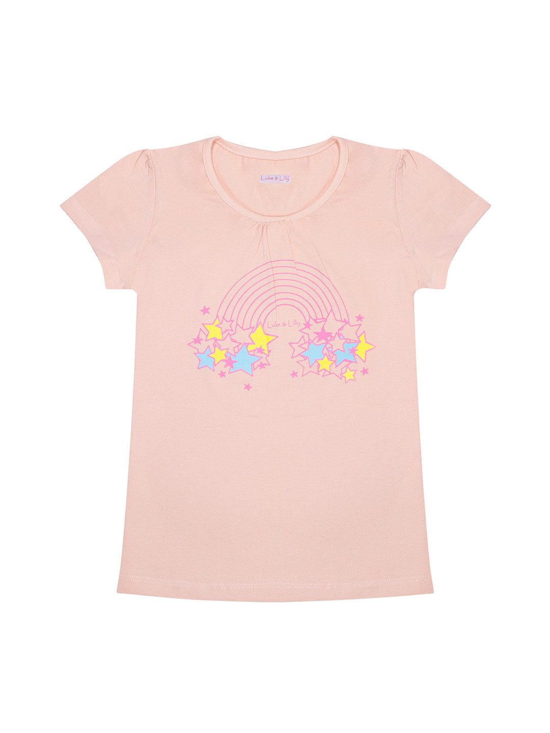 

Luke Lilly Girls Peach-Coloured Printed Round Neck Pure Cotton T-shirt