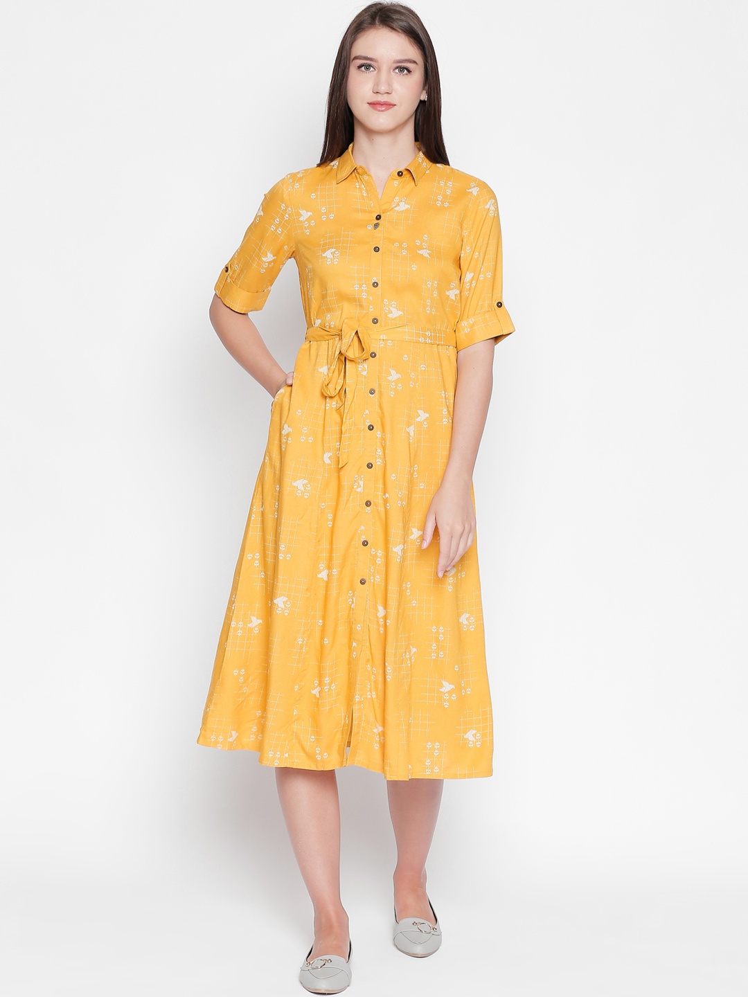 

AKKRITI BY PANTALOONS Women Yellow Printed Fit and Flare Dress