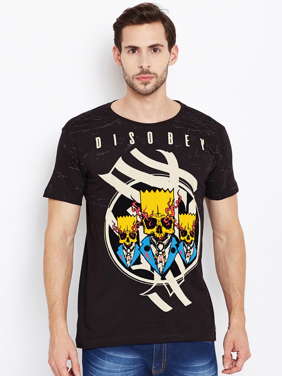 PUNK Men Black Printed Round Neck Pure Cotton T-shirt