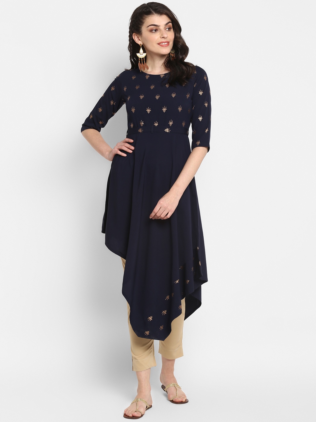 

Janasya Women Navy Blue & Gold-Coloured Printed A-Line Kurta