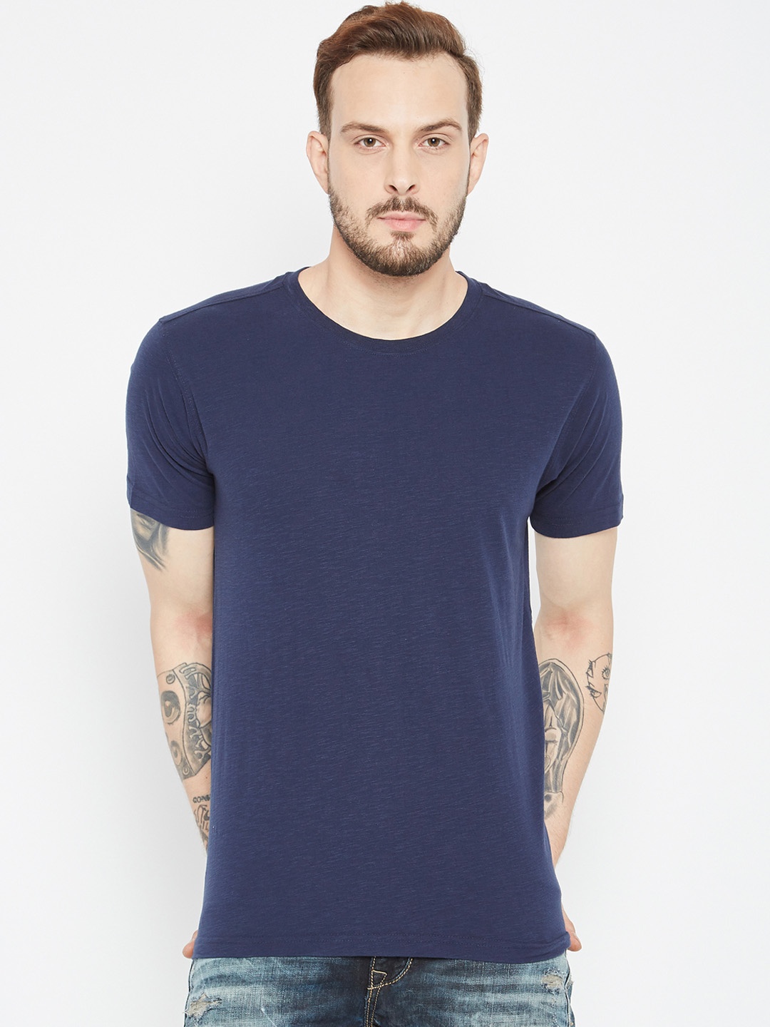 

PUNK Men Navy Blue Solid Round Neck T-shirt