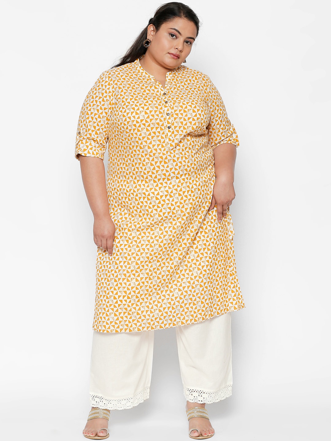

RANGMANCH PLUS by Pantaloons Women Yellow & White Printed A-Line Kurta
