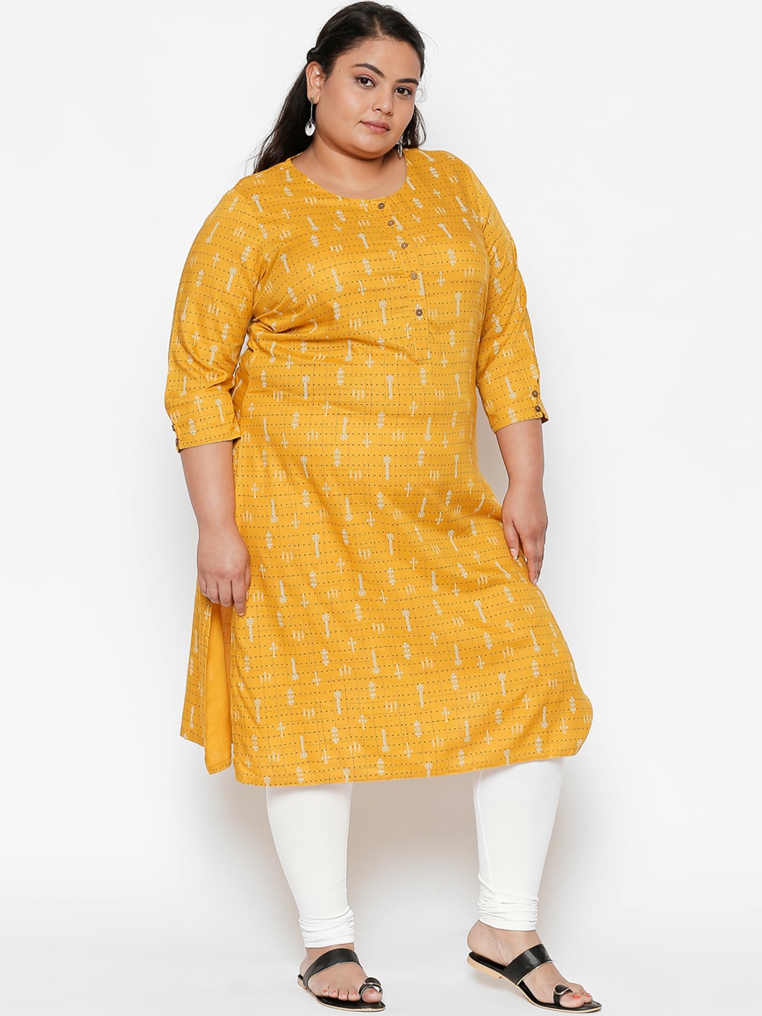 

RANGMANCH PLUS by Pantaloons Women Yellow & White Printed Straight Kurta