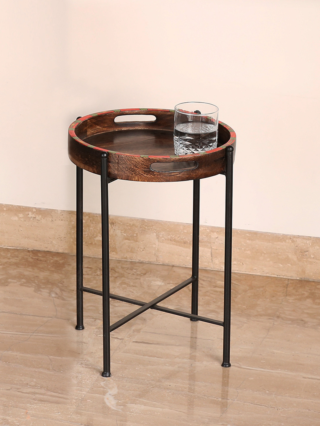 

ExclusiveLane Black & Brown Madhubani Hand-Painted Wooden Tray Table with Foldable Stand