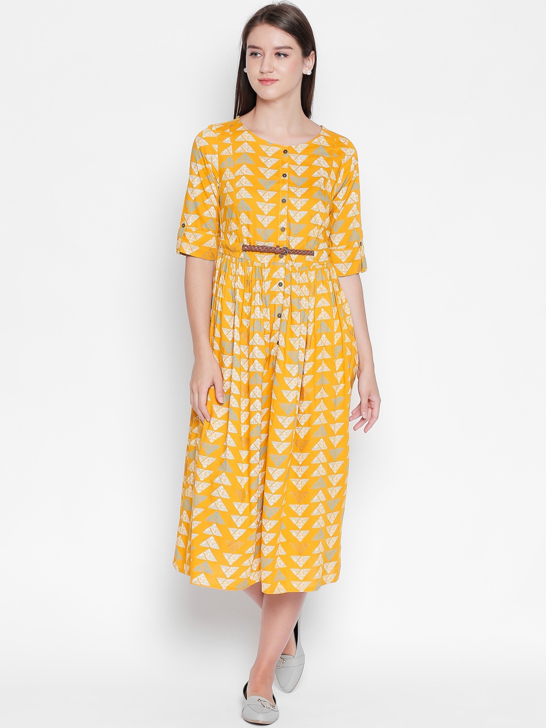

AKKRITI BY PANTALOONS Women Mustard Yellow Printed Fit and Flare Dress