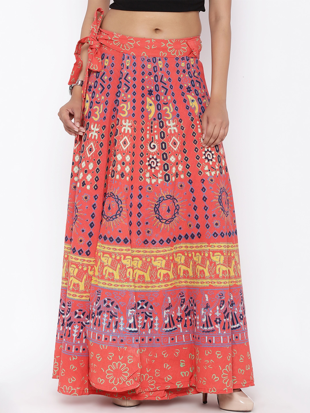 

SOUNDARYA Women Orange & Blue Printed Flared Wrap Around Maxi Skirt