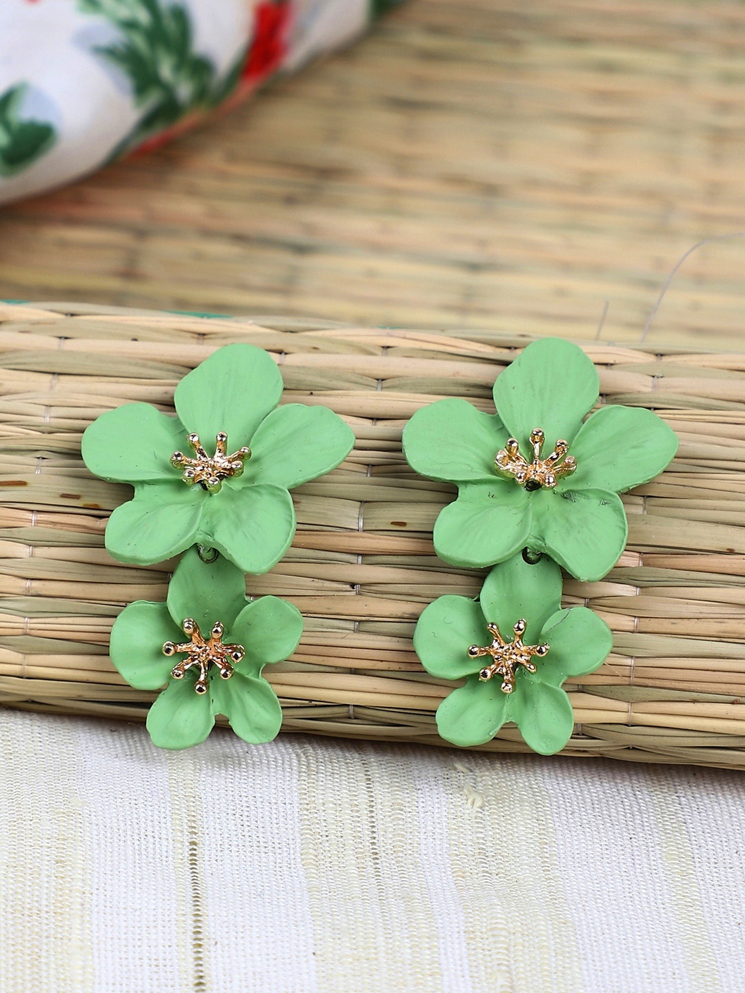 Crunchy Fashion Green Rhodium-Plated Floral Drop Earrings