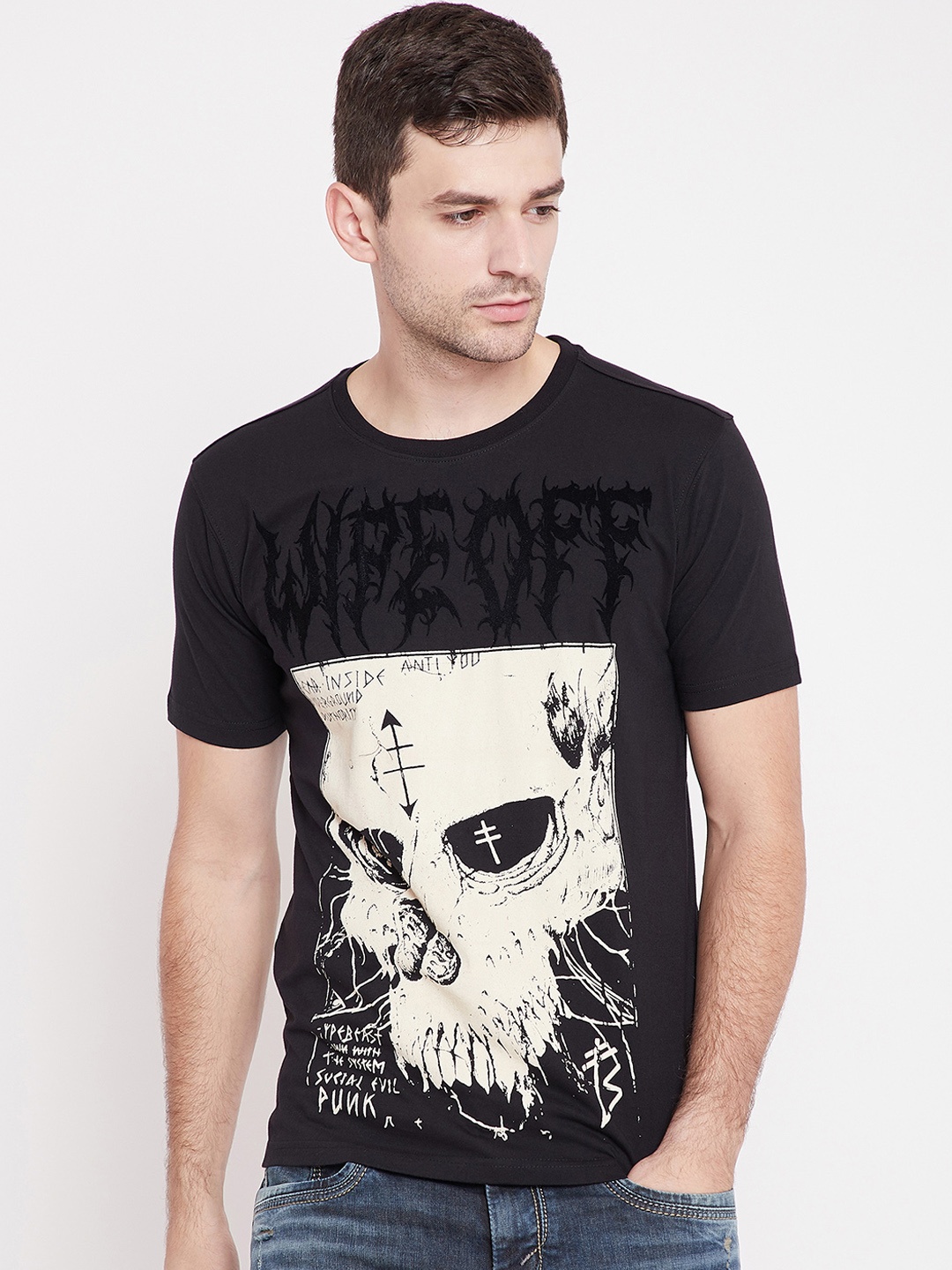 

PUNK Men Black Printed Round Neck T-shirt
