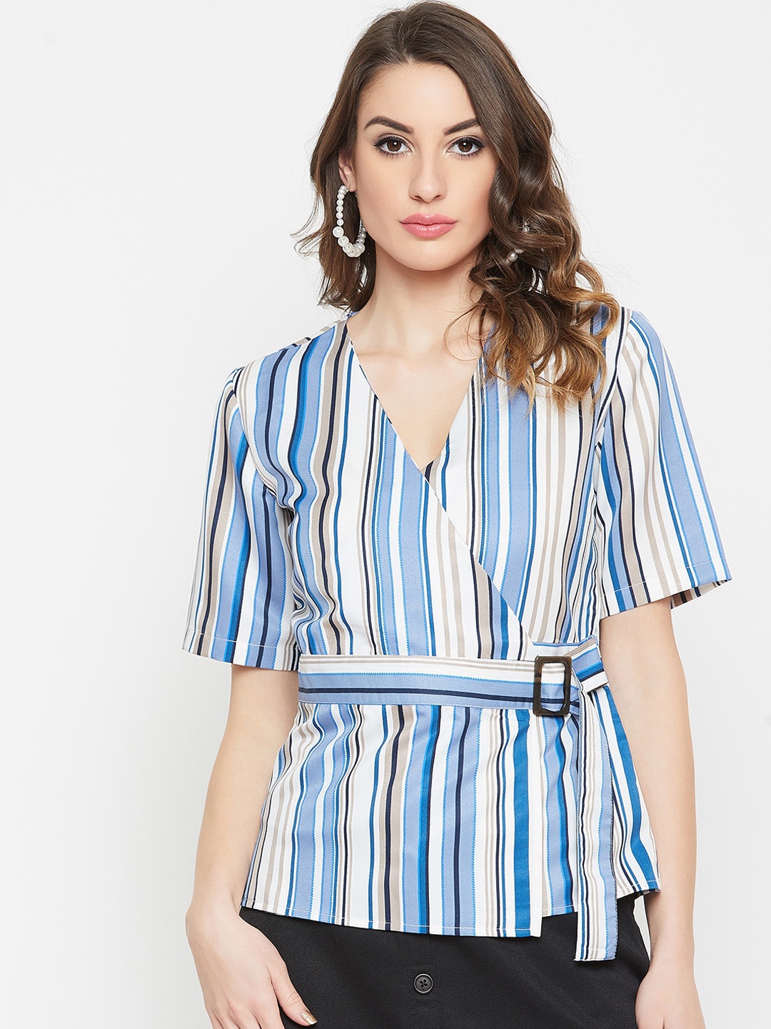 

Carlton London Women Blue Striped Wrap Top