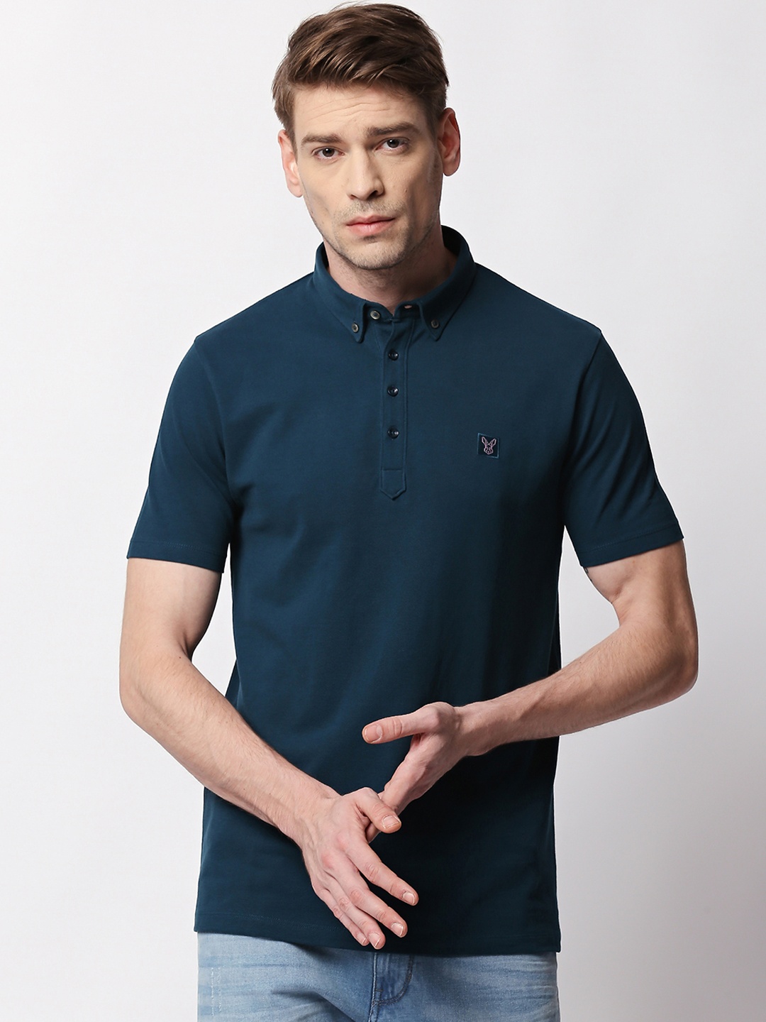 

RARE RABBIT Men Navy Blue Solid Polo Collar T-shirt