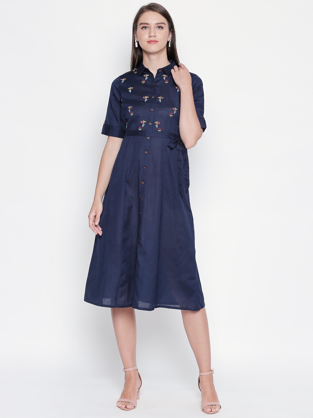 

AKKRITI BY PANTALOONS Women Navy Blue Self Design Shirt Dress