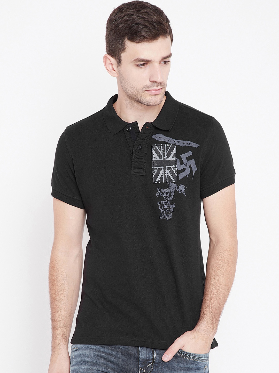 

PUNK Men Black Printed Polo Collar T-shirt
