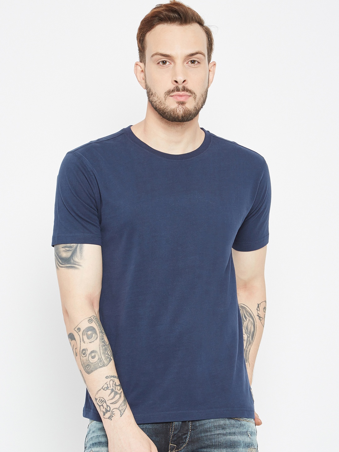 

PUNK Men Navy Blue Solid Round Neck T-shirt