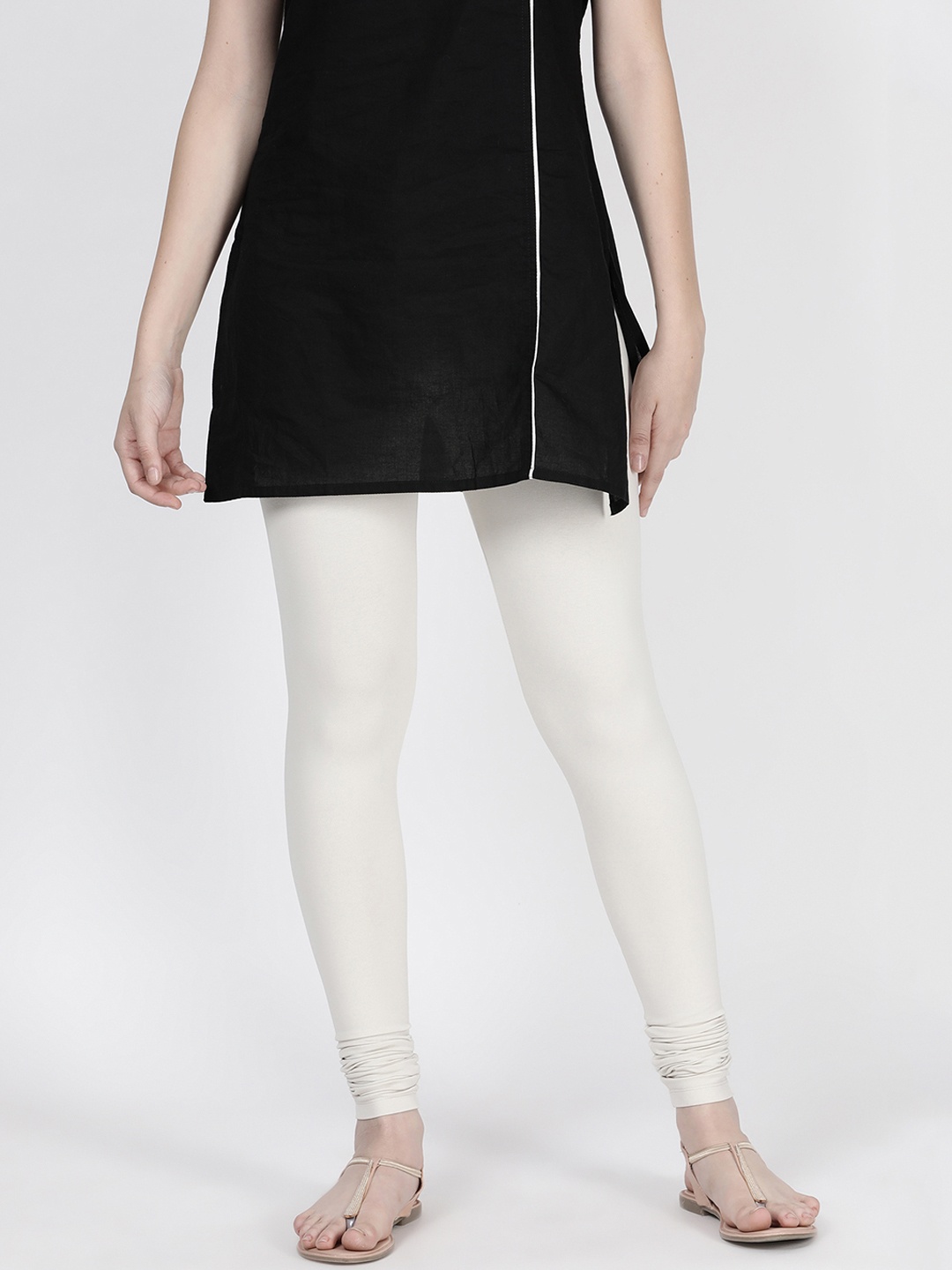 

TWIN BIRDS Women Off-White Solid Churidar-Length Leggings
