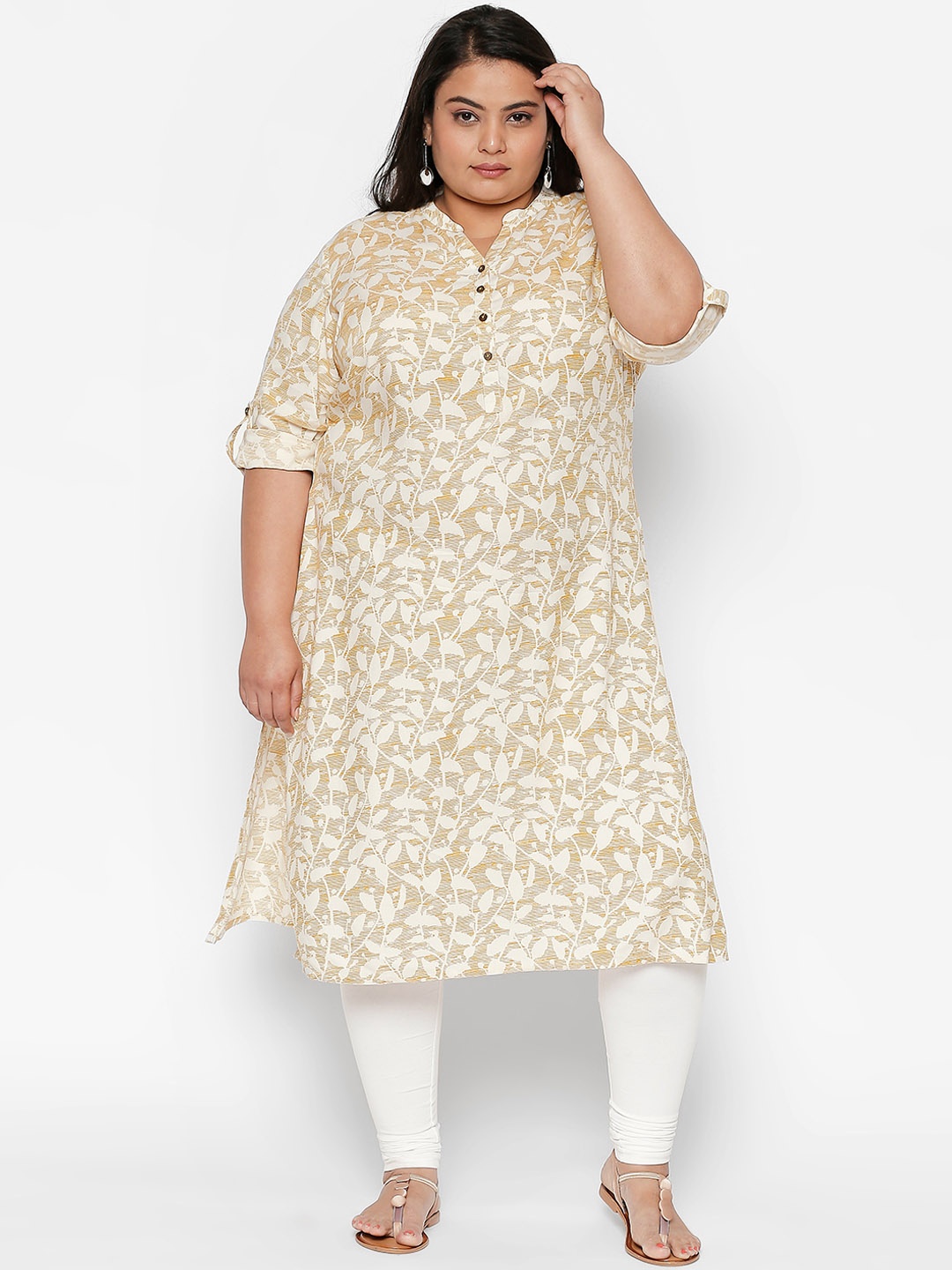 

RANGMANCH PLUS by Pantaloons Women Yellow and White Floral Printed A-Line Kurta