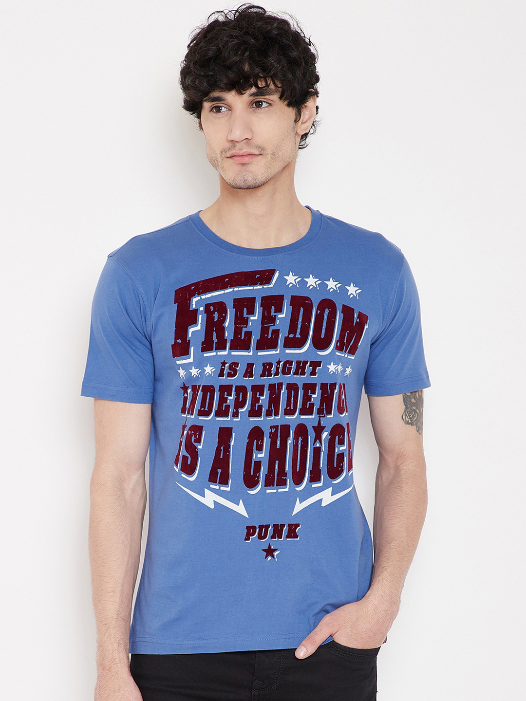

PUNK Men Blue Printed Round Neck Pure Cotton T-shirt