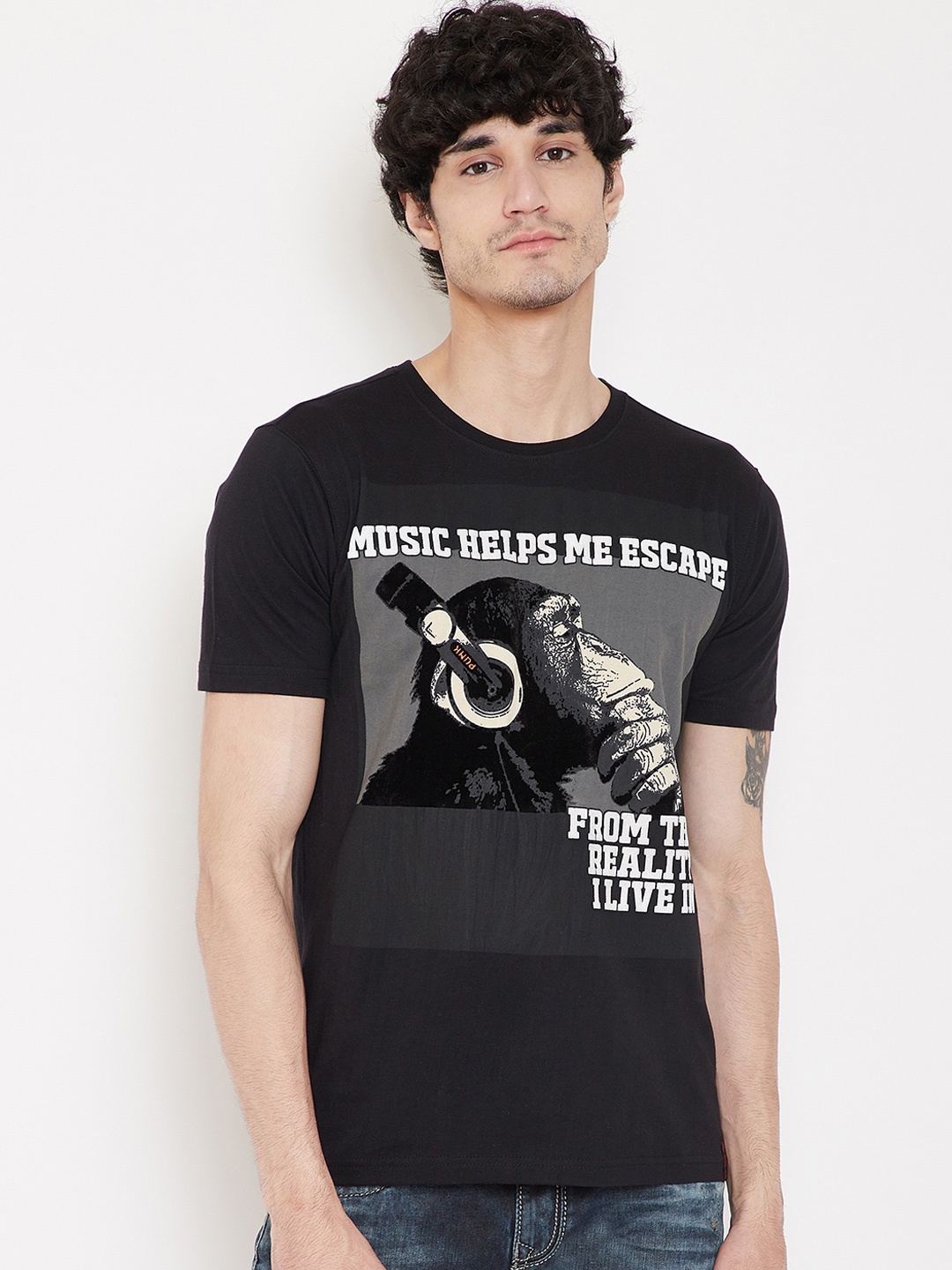 PUNK Men Black Printed Round Neck Pure Cotton T-shirt