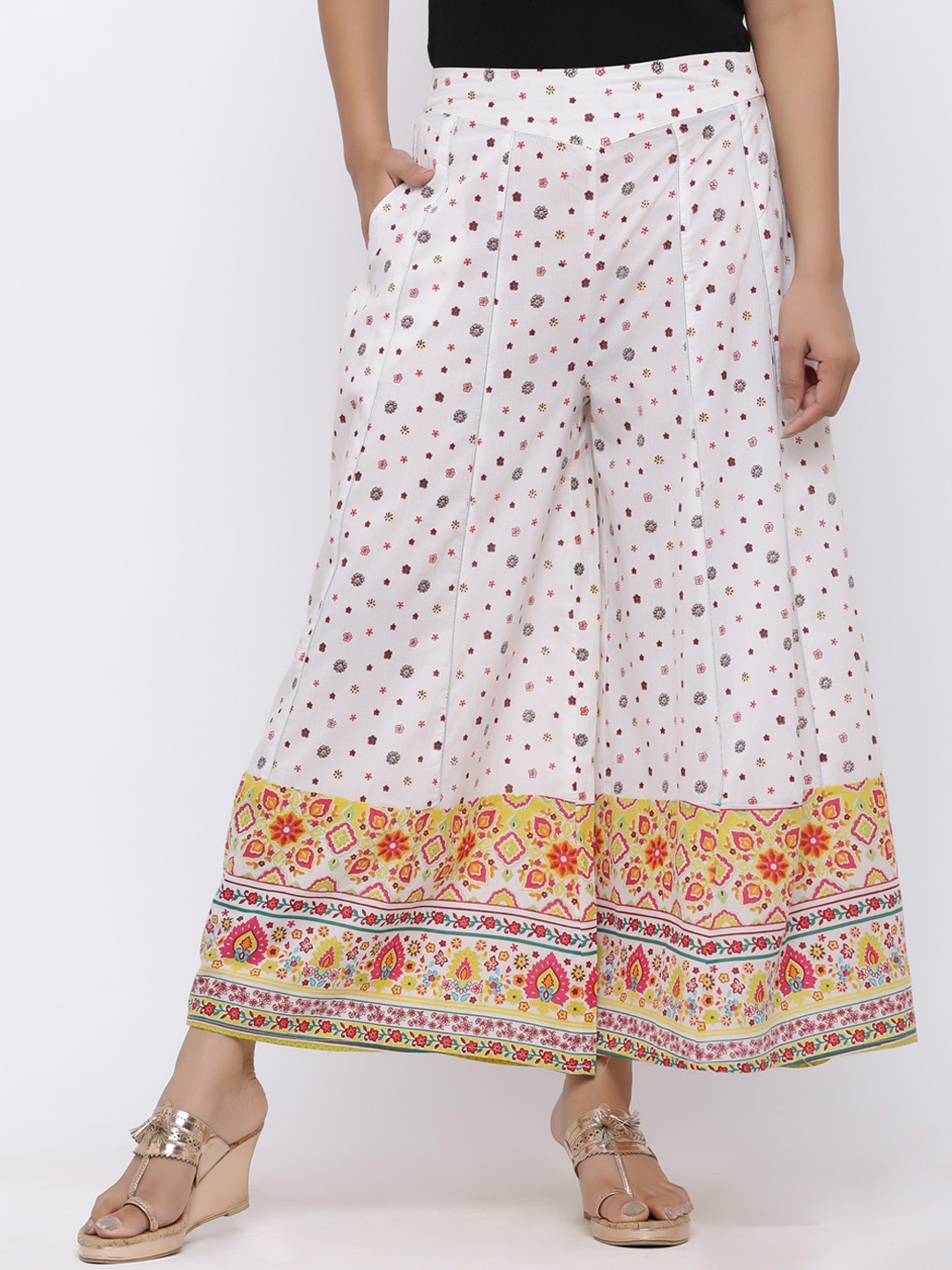 

Juniper Women White & Yellow Printed Flared Palazzos