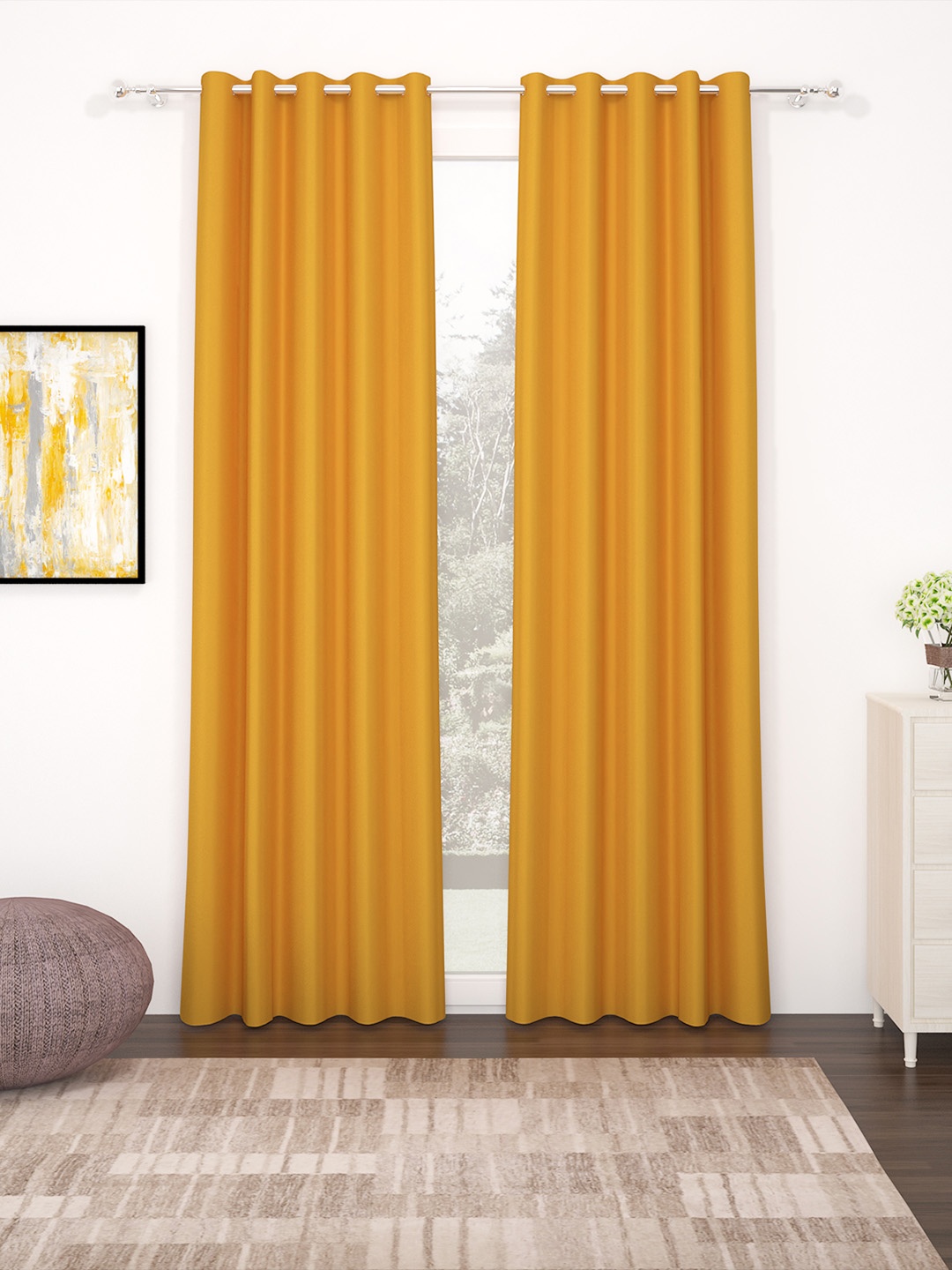 

Story@Home Faux Silk Solid Solid 300GSM Mustard Room Darkening Blackout Long Door Curtain - Set of 2, Yellow