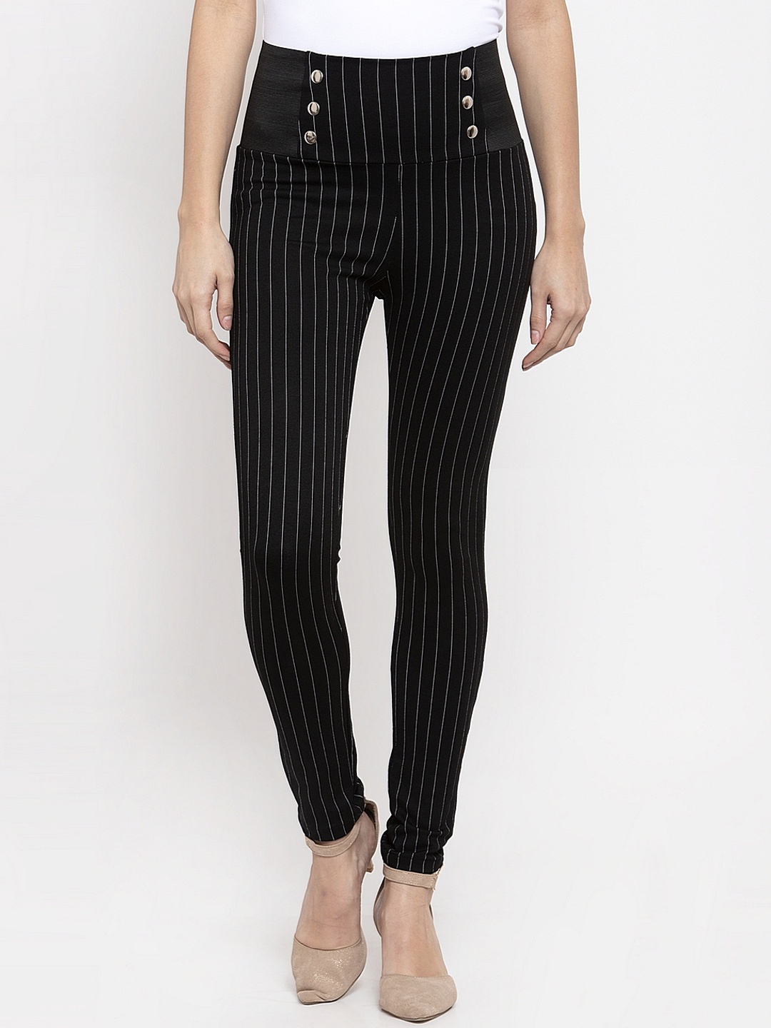 

KASSUALLY Women Black & White Striped Slim-Fit Treggings
