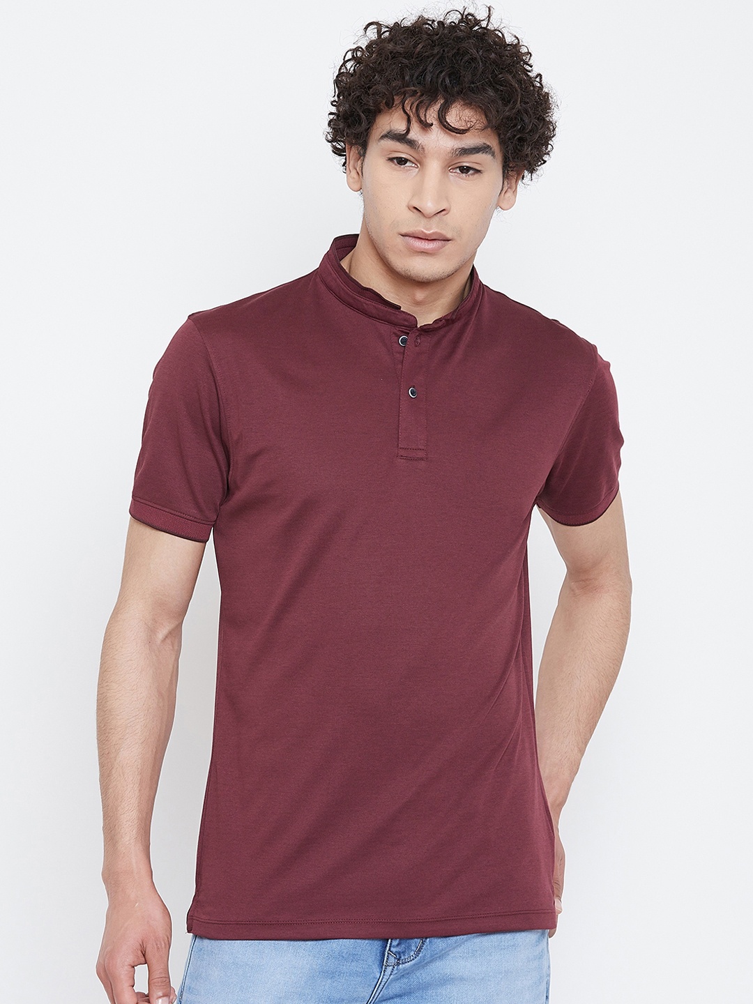 

Octave Men Burgundy Solid Mock Collar T-shirt