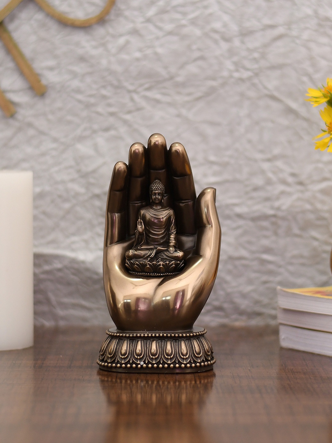

CraftVatika Bronze-Toned Handcrafted Palm Buddha Statue Showpiece