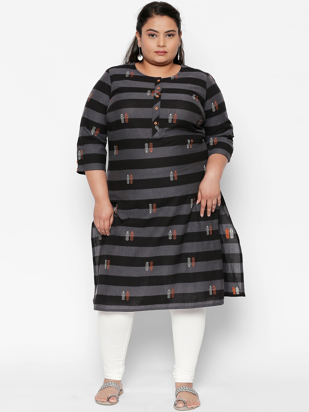 

RANGMANCH PLUS by Pantaloons Women Charcoal Grey & Black Striped Straight Kurta