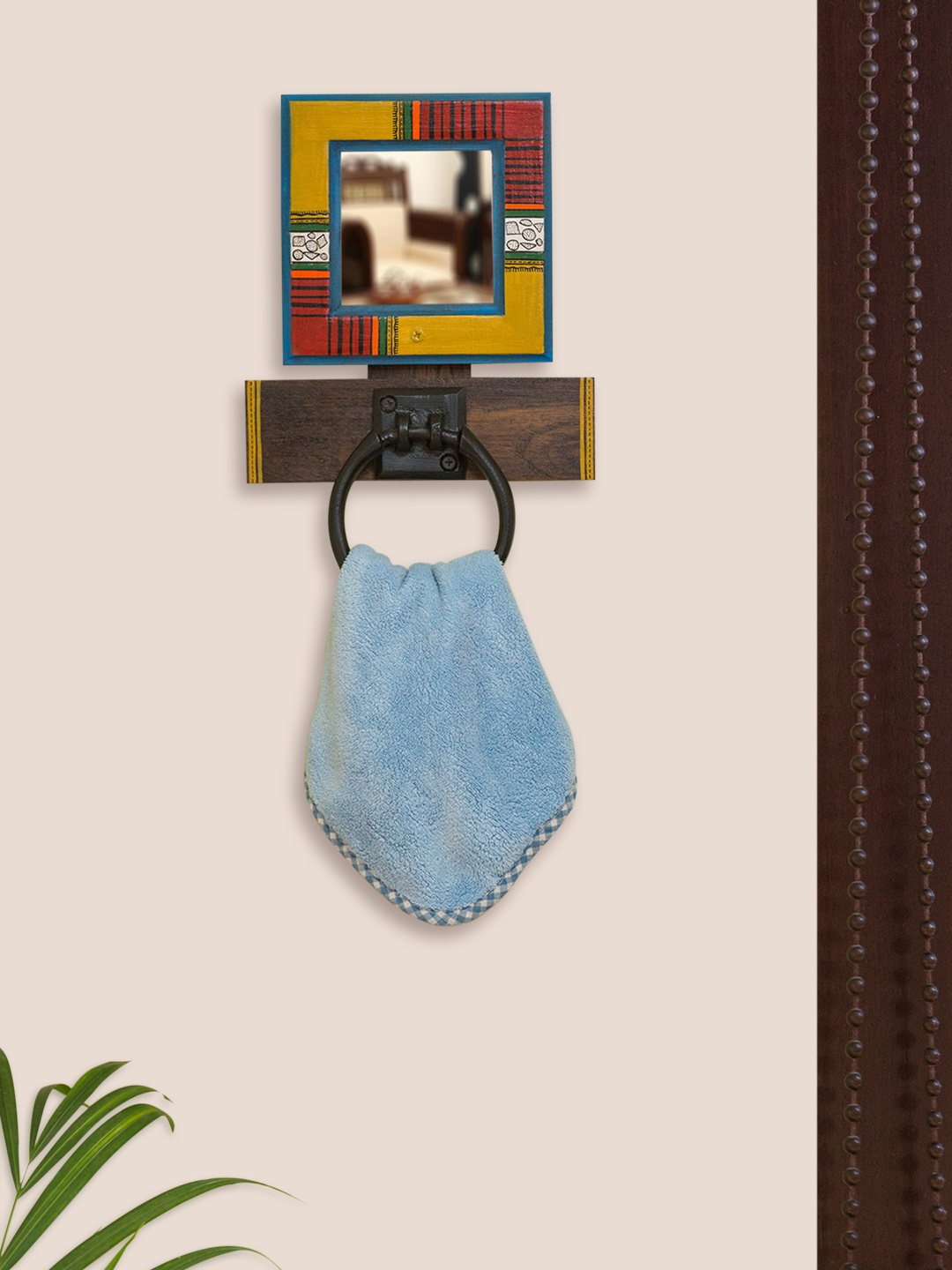 

ExclusiveLane Brown Yellow Hand-Painted Warli Wooden Towel Holder Mirror