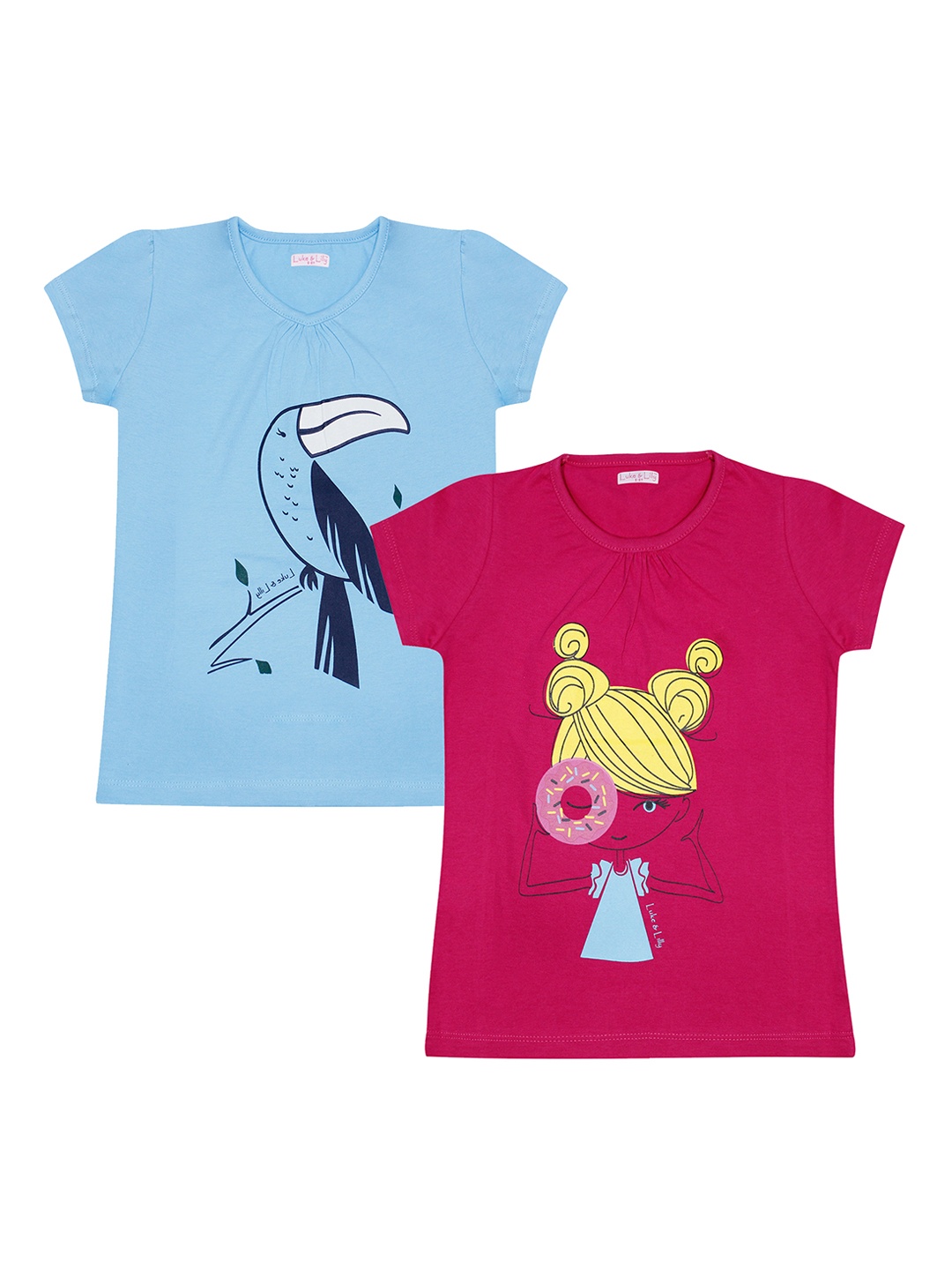 

Luke Lilly Girls Pack of 2 Printed V-Neck Pure Cotton T-shirts, Multi