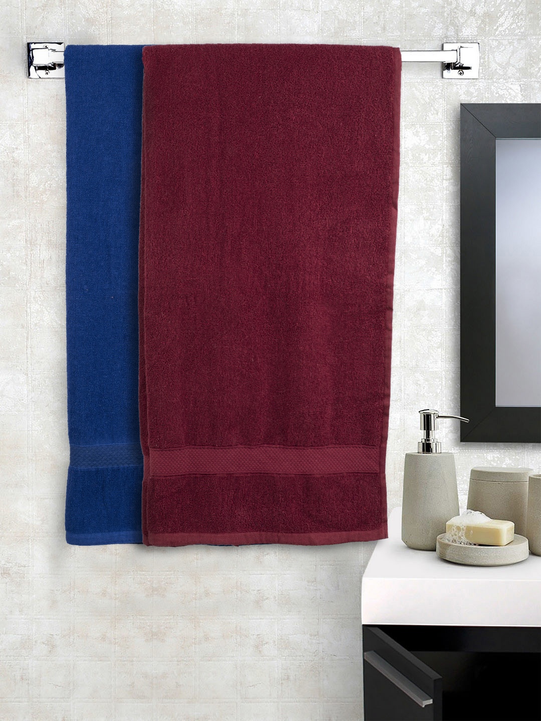 

Turkish Bath Unisex Set Of 2 Blue & Maroon Solid 550 GSM Bath & Pool Towel