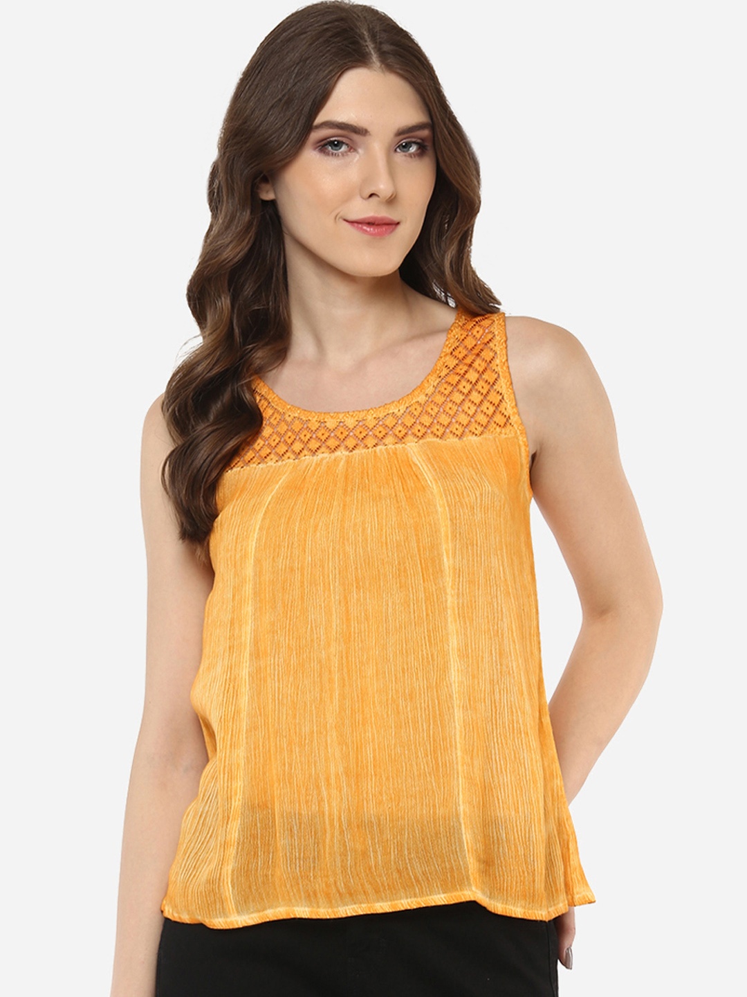 

Porsorte Women Mustard Yellow Self Design Top