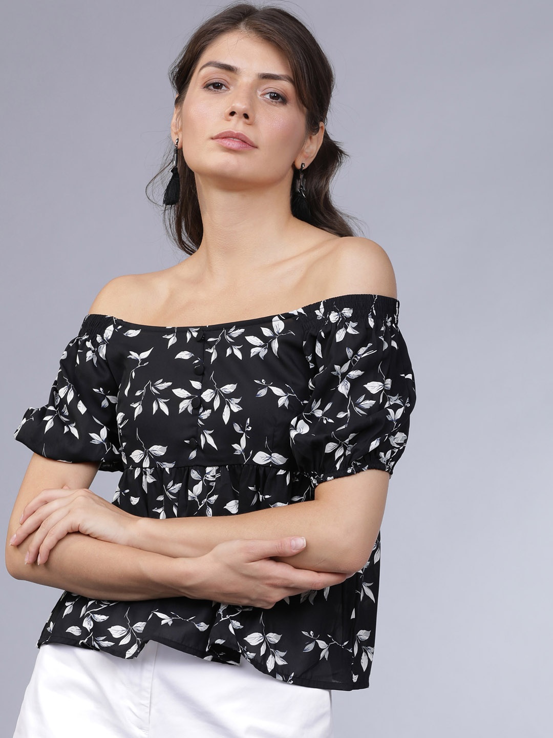 

Tokyo Talkies Women Black Printed Bardot Top