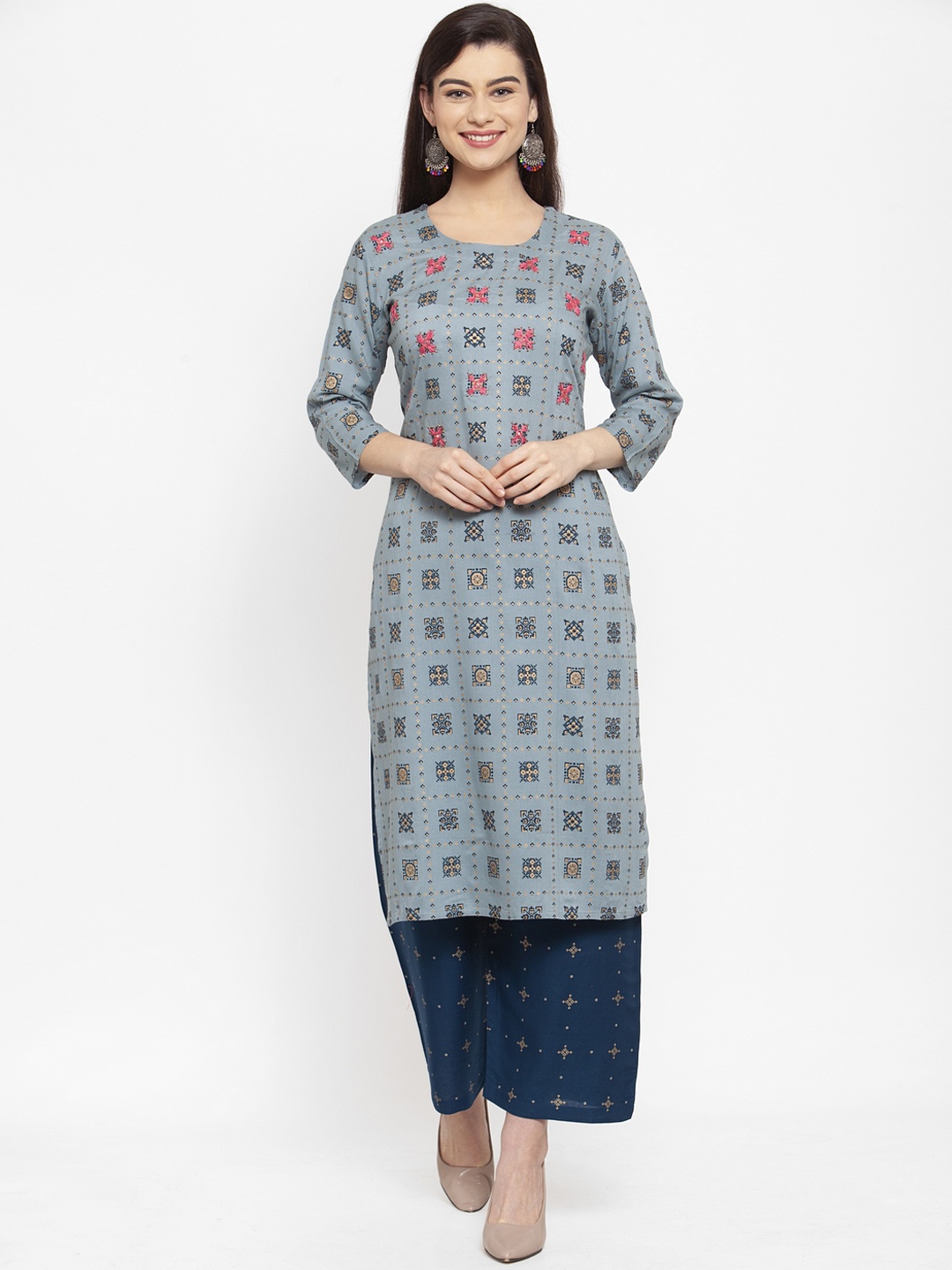 

ANAISA Women Blue Printed Kurta with Embroidered Detail & Palazzos