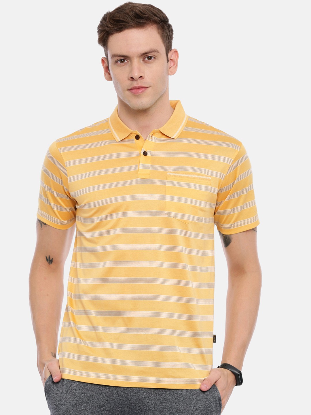 

Proline Active Men Yellow & White Striped Polo Collar T-shirt