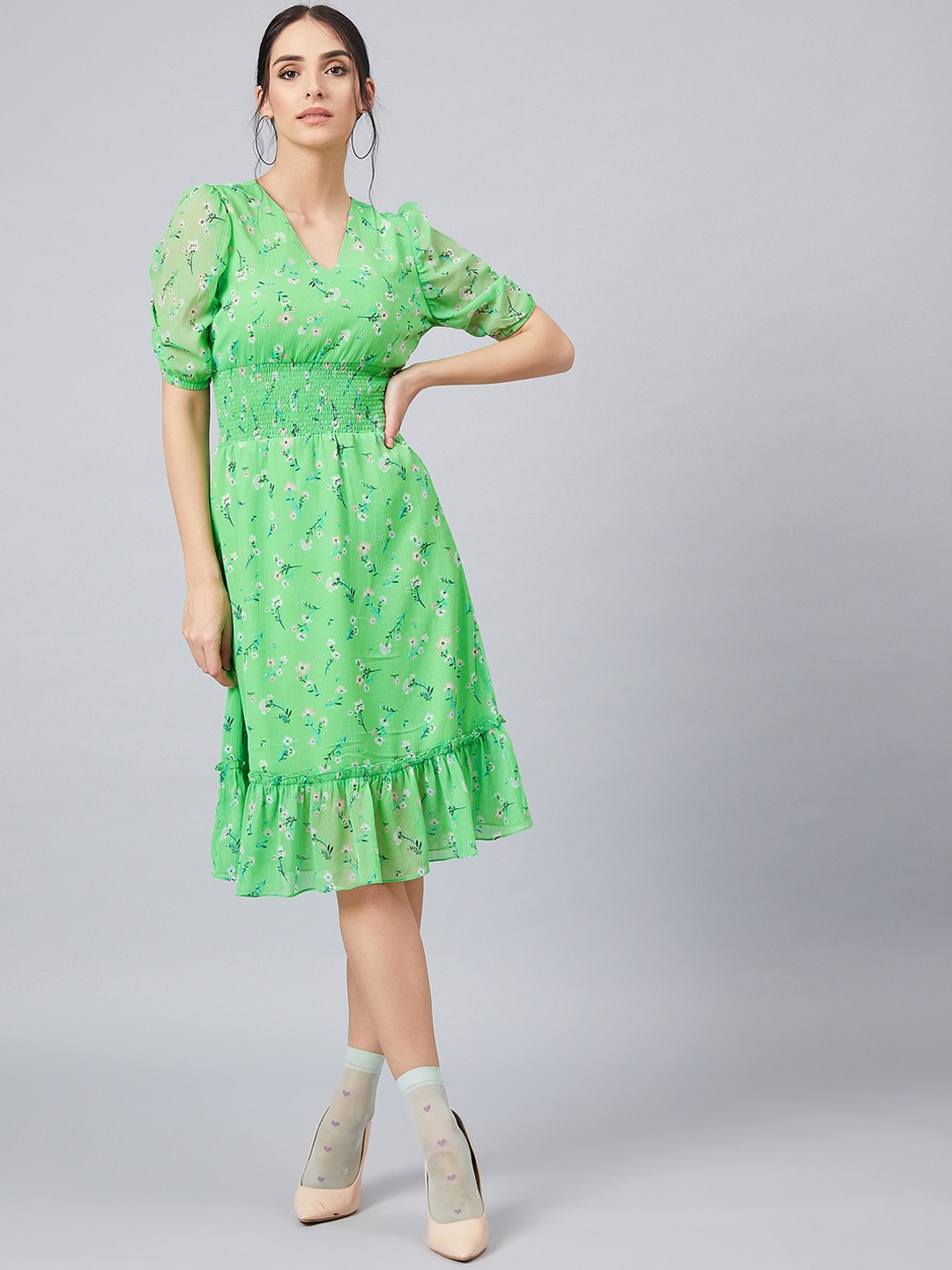 Athena Women Green Printed Fit and Flare Dress