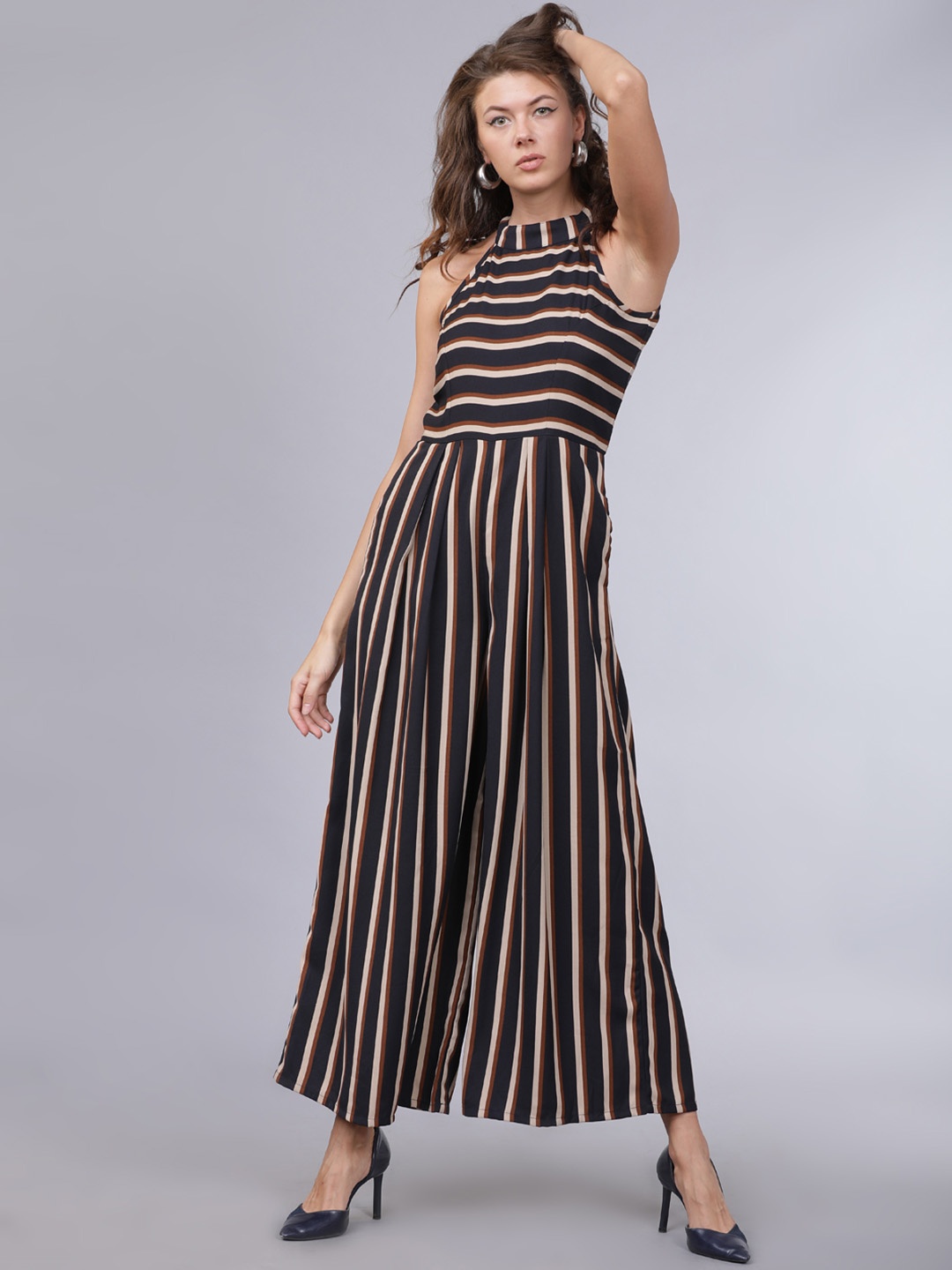

Tokyo Talkies Women Navy Blue & Brown Striped Basic Jumpsuit