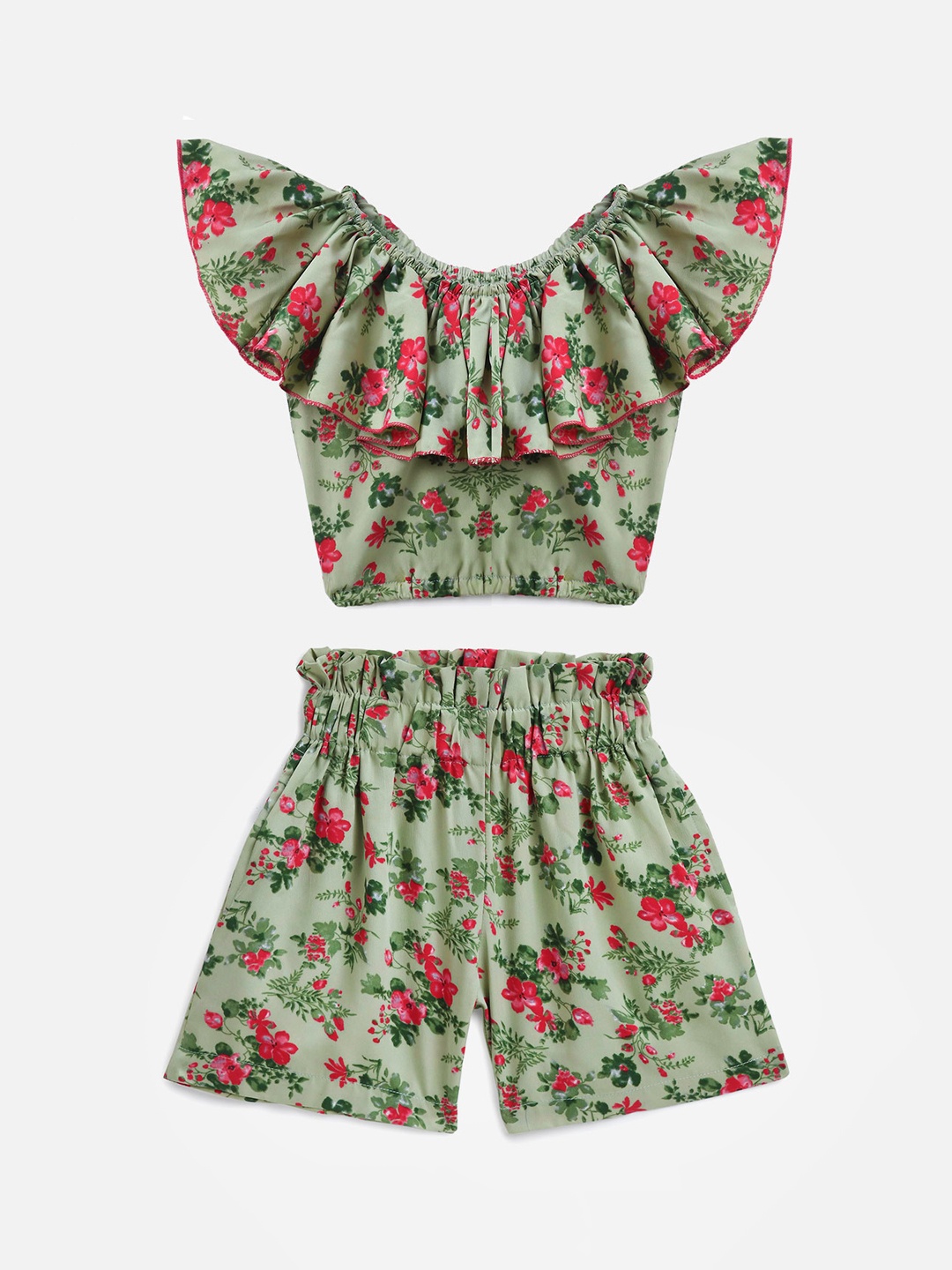 

KIDSCRAFT Girls Green & Pink Printed Top with Shorts
