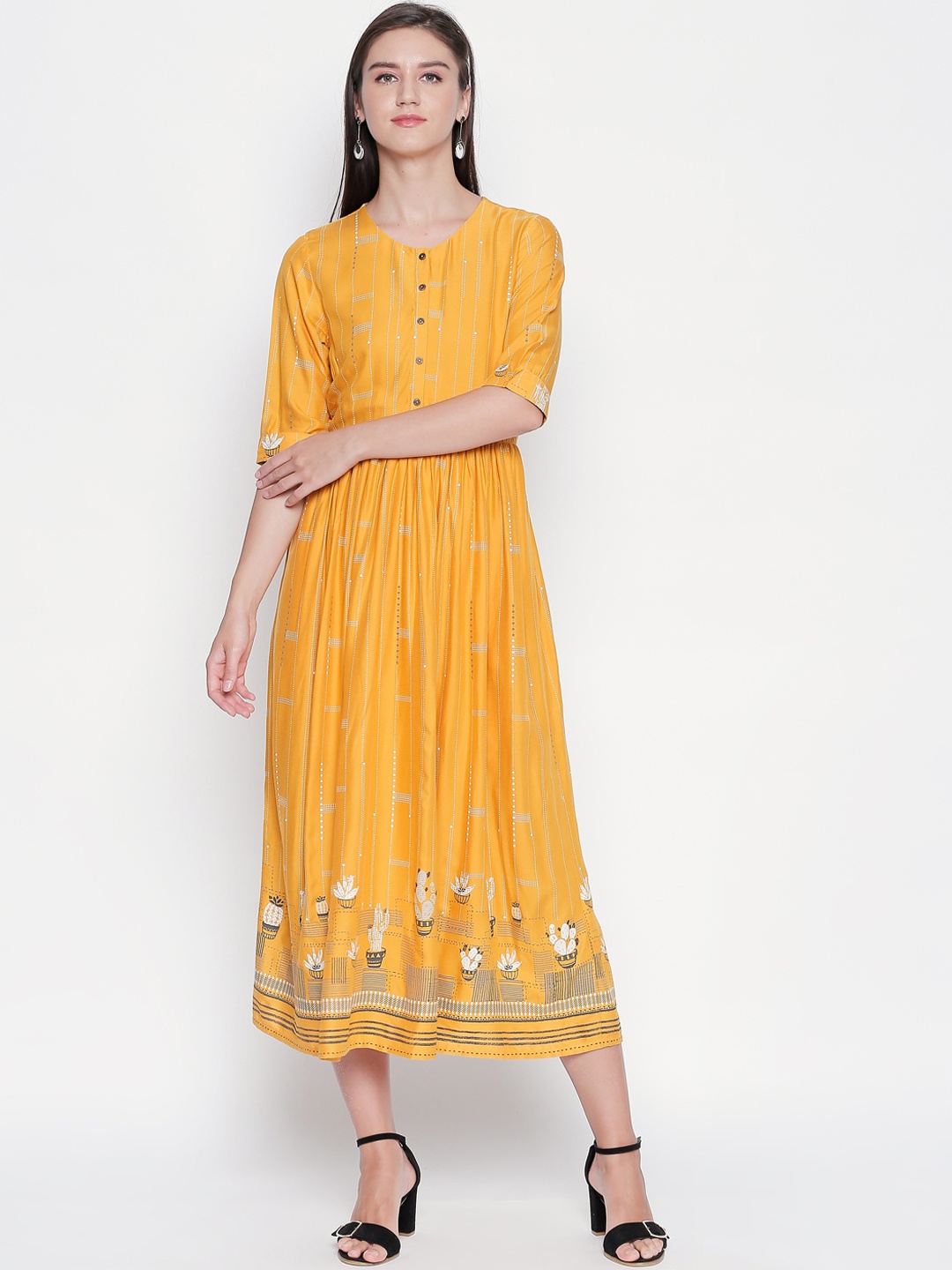 

AKKRITI BY PANTALOONS Women Mustard Yellow Printed Ethnic Maxi Ethnic Dress