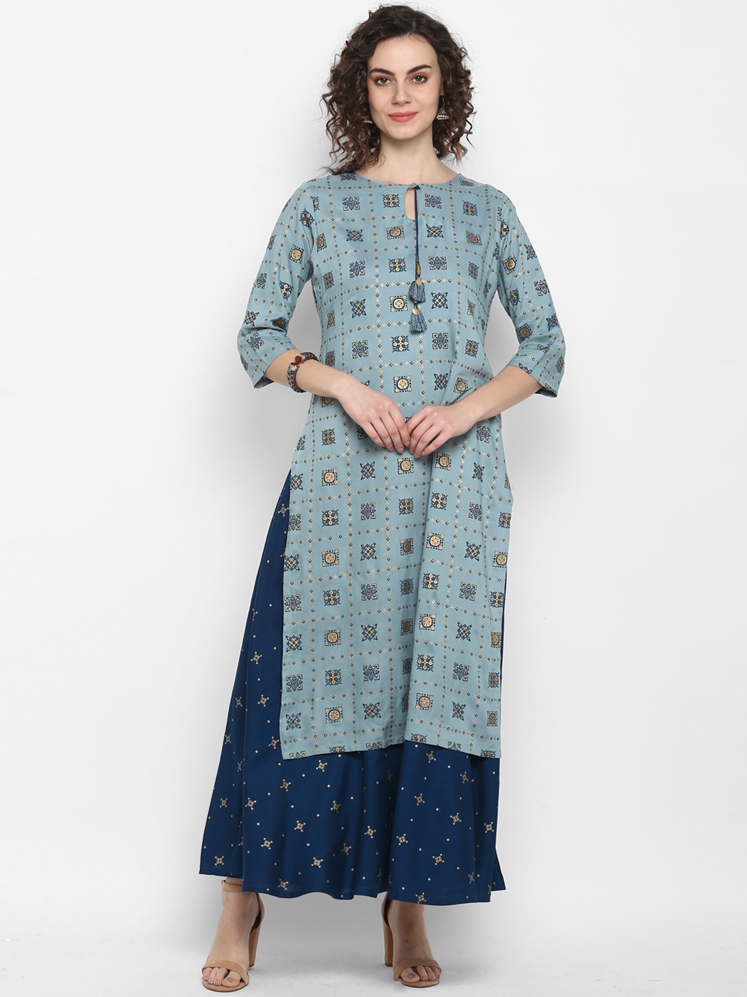 

Janasya Women Blue Printed Layered Ethnic Maxi Dress