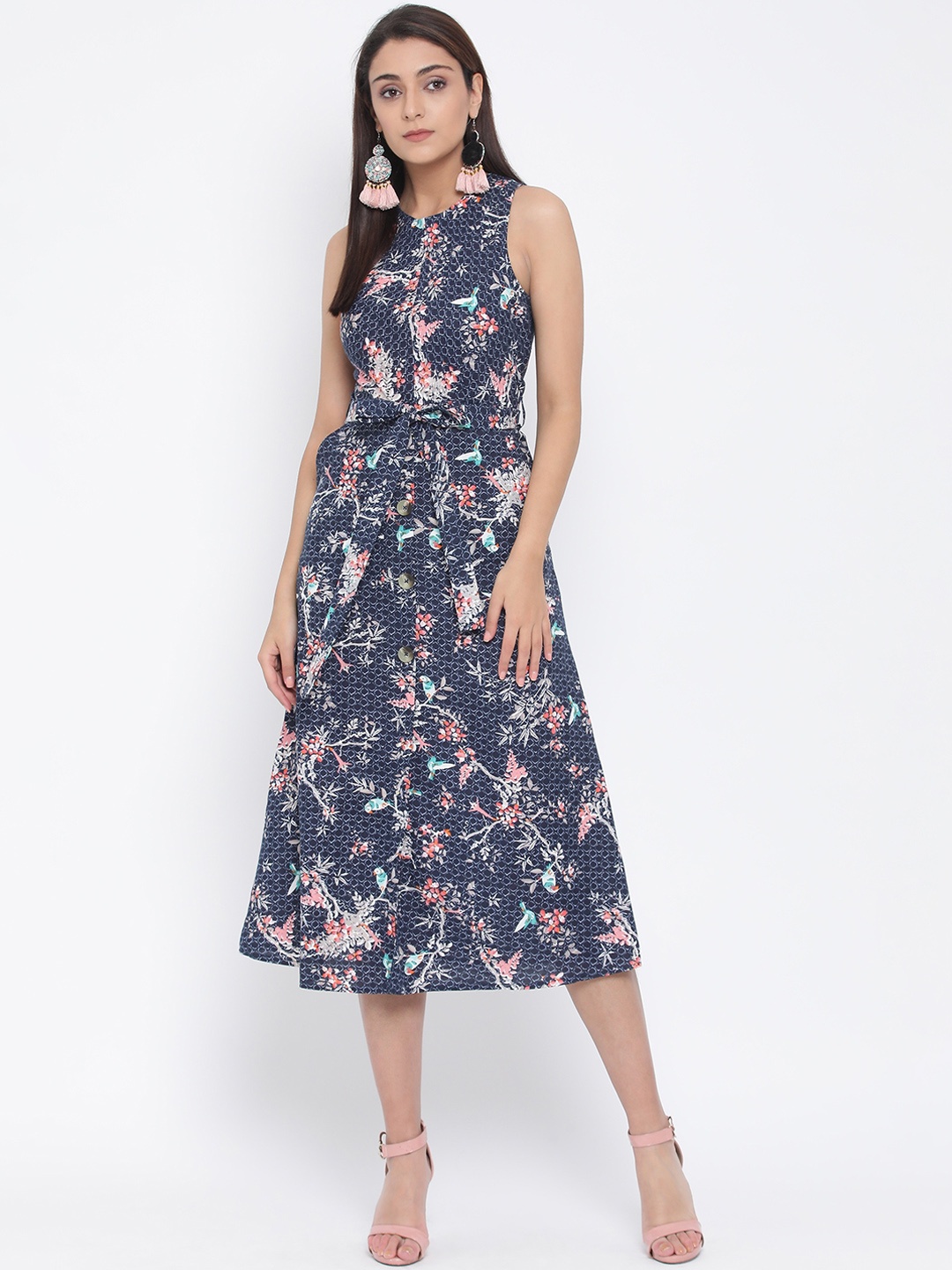 

Oxolloxo Women Navy Blue Printed Fit and Flare Dress