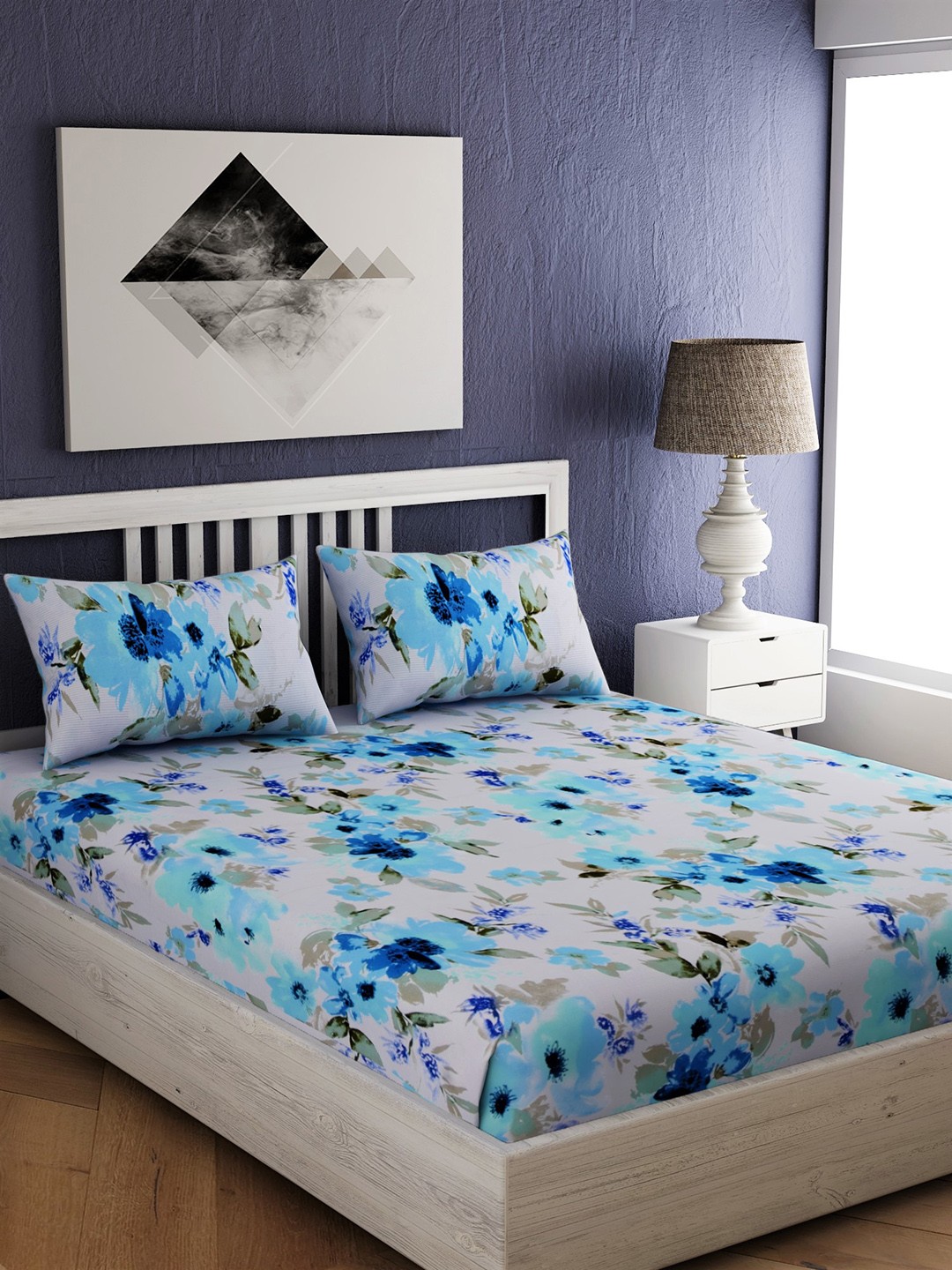 

EverHOME Blue & Off-White Floral 144 TC Cotton 1 Queen Bedsheet with 2 Pillow Covers