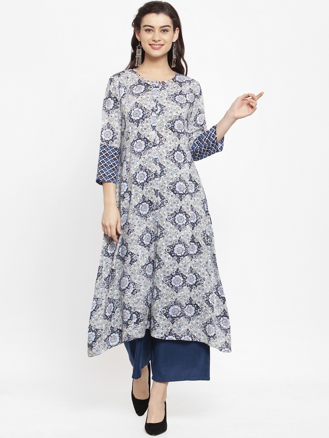 

ANAISA Women White & Blue Printed A-Line Kurta