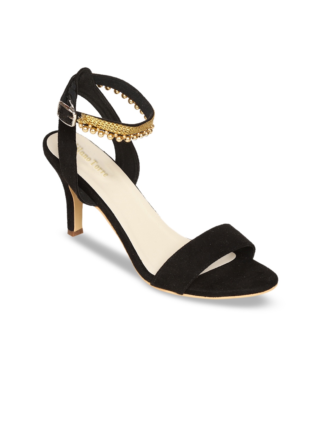 

Milano Torre Women Black & Gold-Toned Solid Embellished Slim Heels