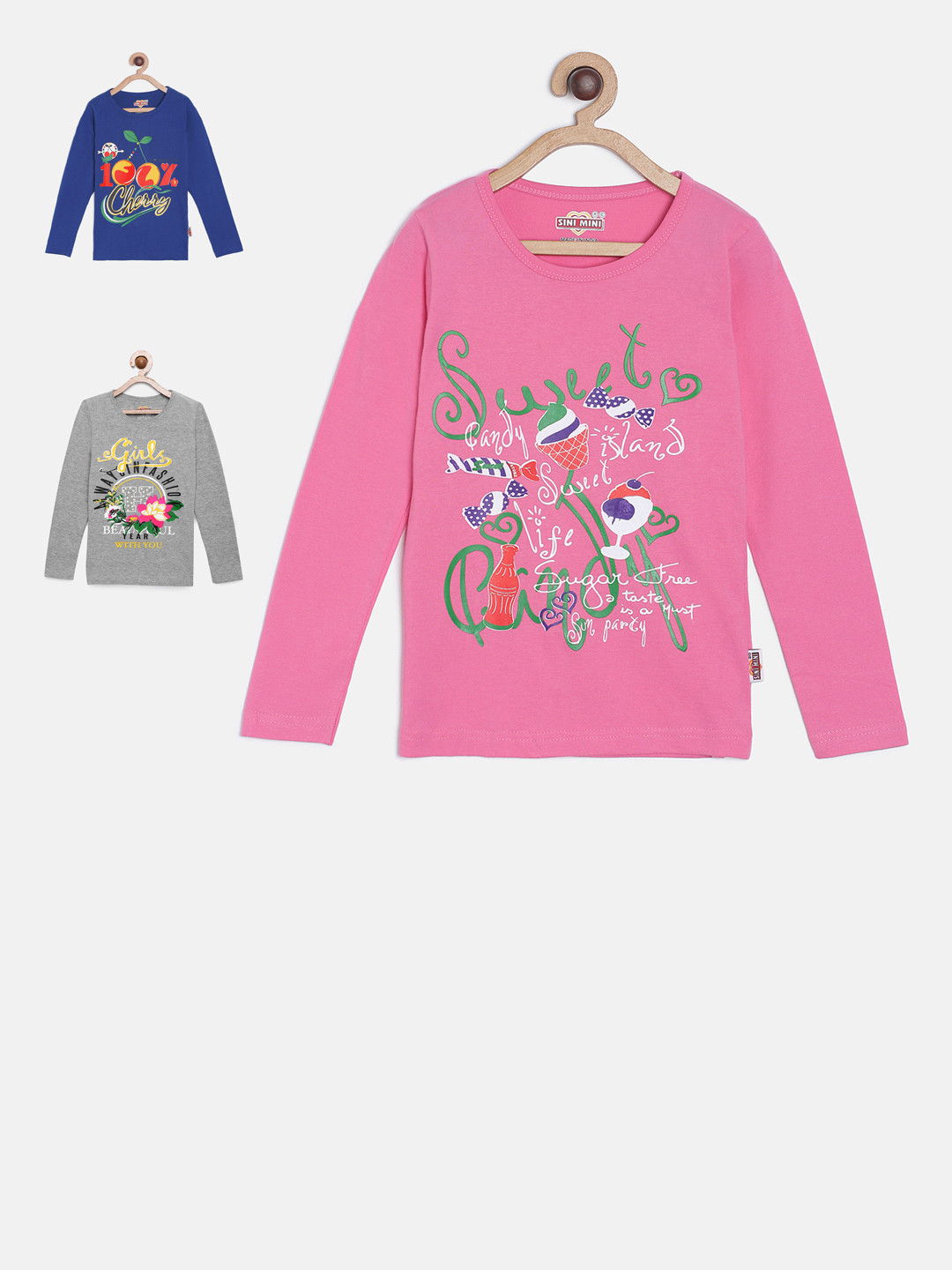 

SINI MINI Girls Pack of 3 Printed Round Neck T-shirts, Blue