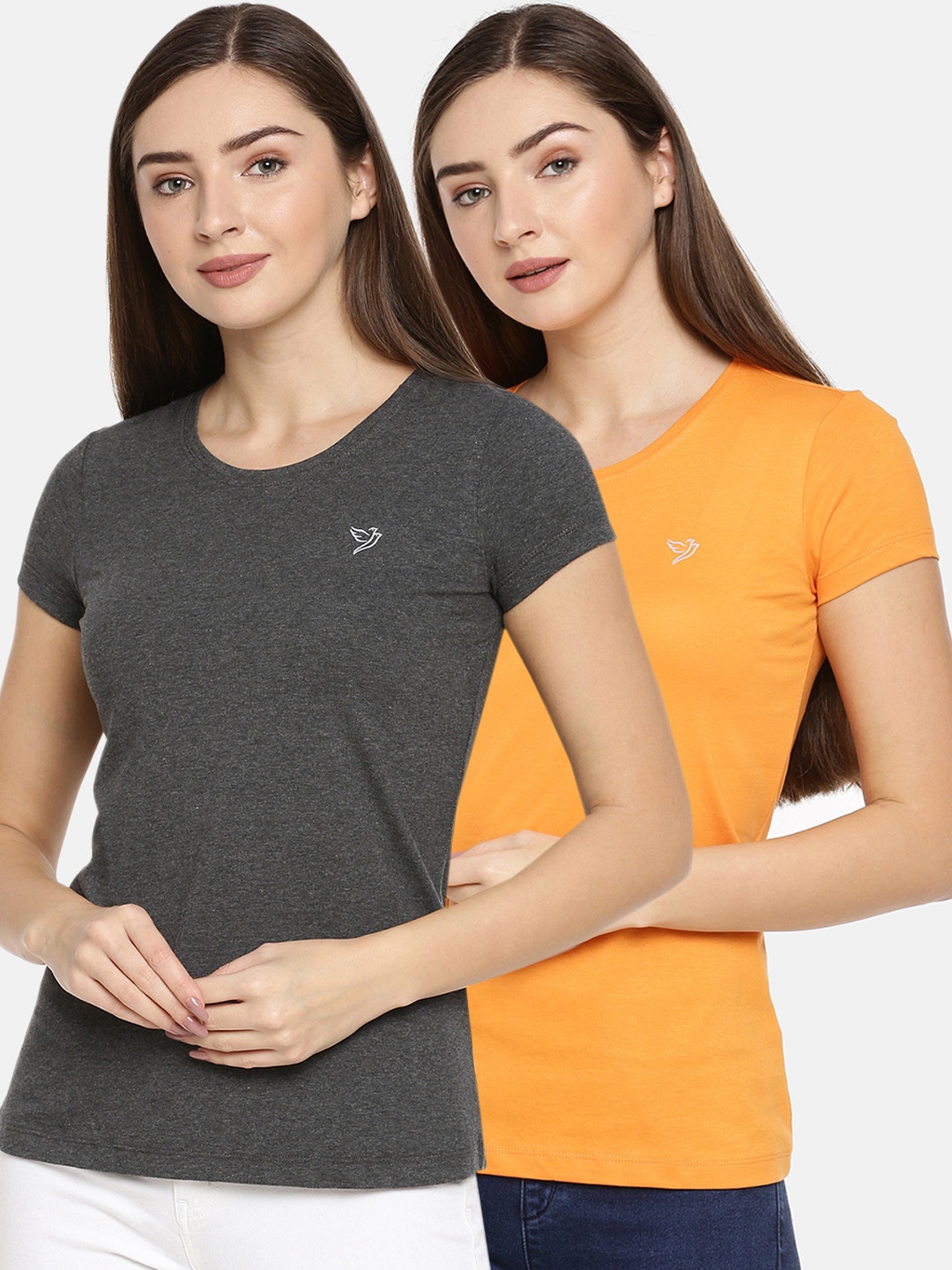 

TWIN BIRDS Women Pack Of 2 Solid Round Neck T-shirts, Orange